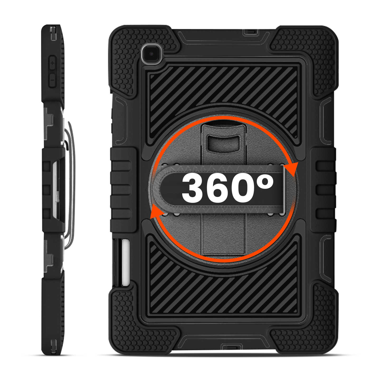 Una custodia nera per tablet con supporto girevole a 360 gradi. La custodia ha una superficie strutturata ed è progettata per la protezione.