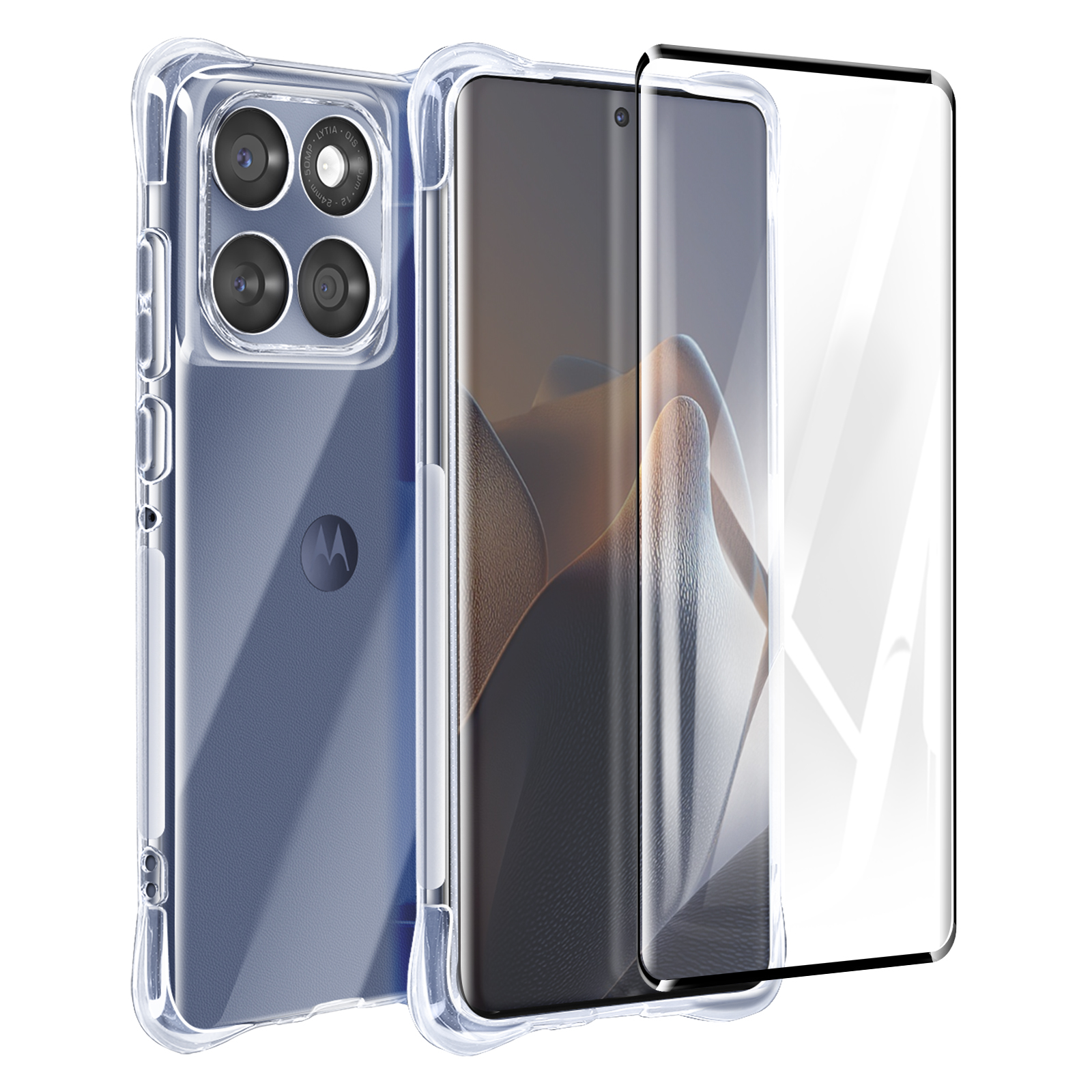 Un telefono Motorola con custodia trasparente e protezione schermo. Il telefono ha tre fotocamere posteriori e un logo Motorola.