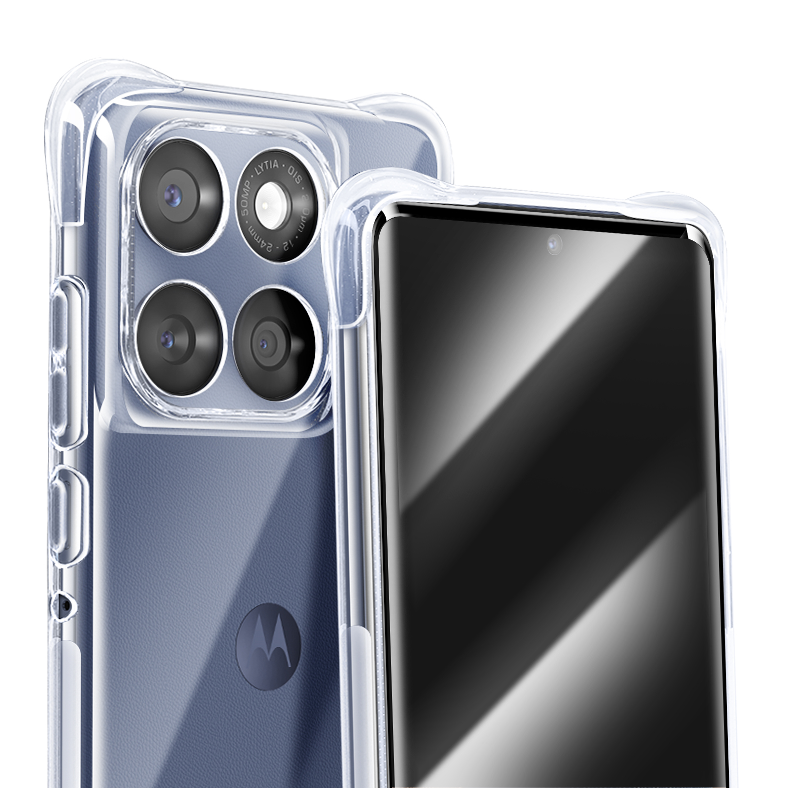 Due smartphone in custodie trasparenti. Uno mostra il retro con le fotocamere, l'altro lo schermo.