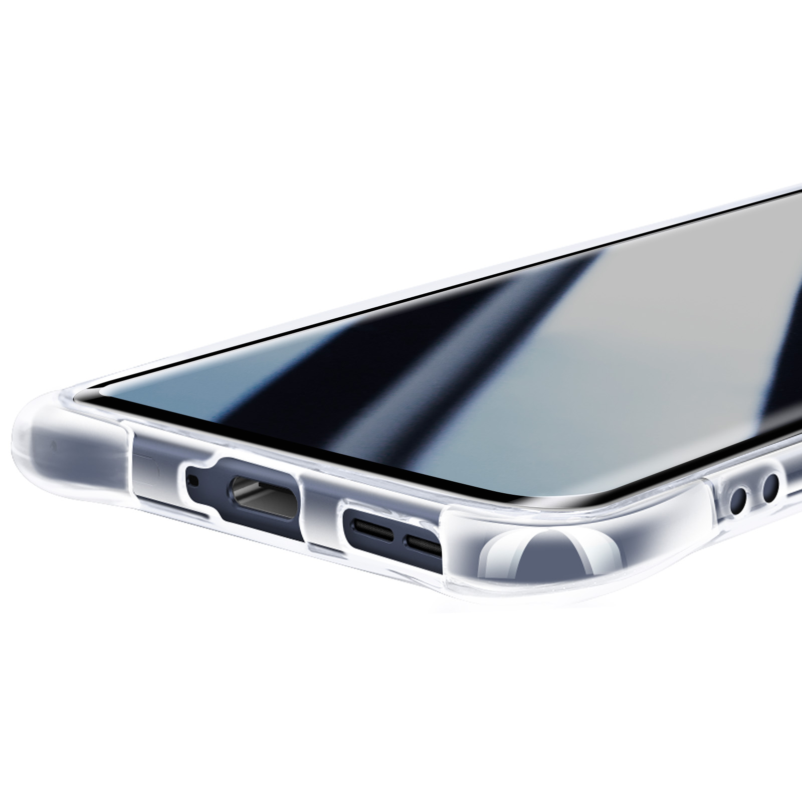 Primo piano di una custodia trasparente per telefono su sfondo bianco. Lo schermo riflette la luce. La custodia ha aperture per la ricarica e i pulsanti.