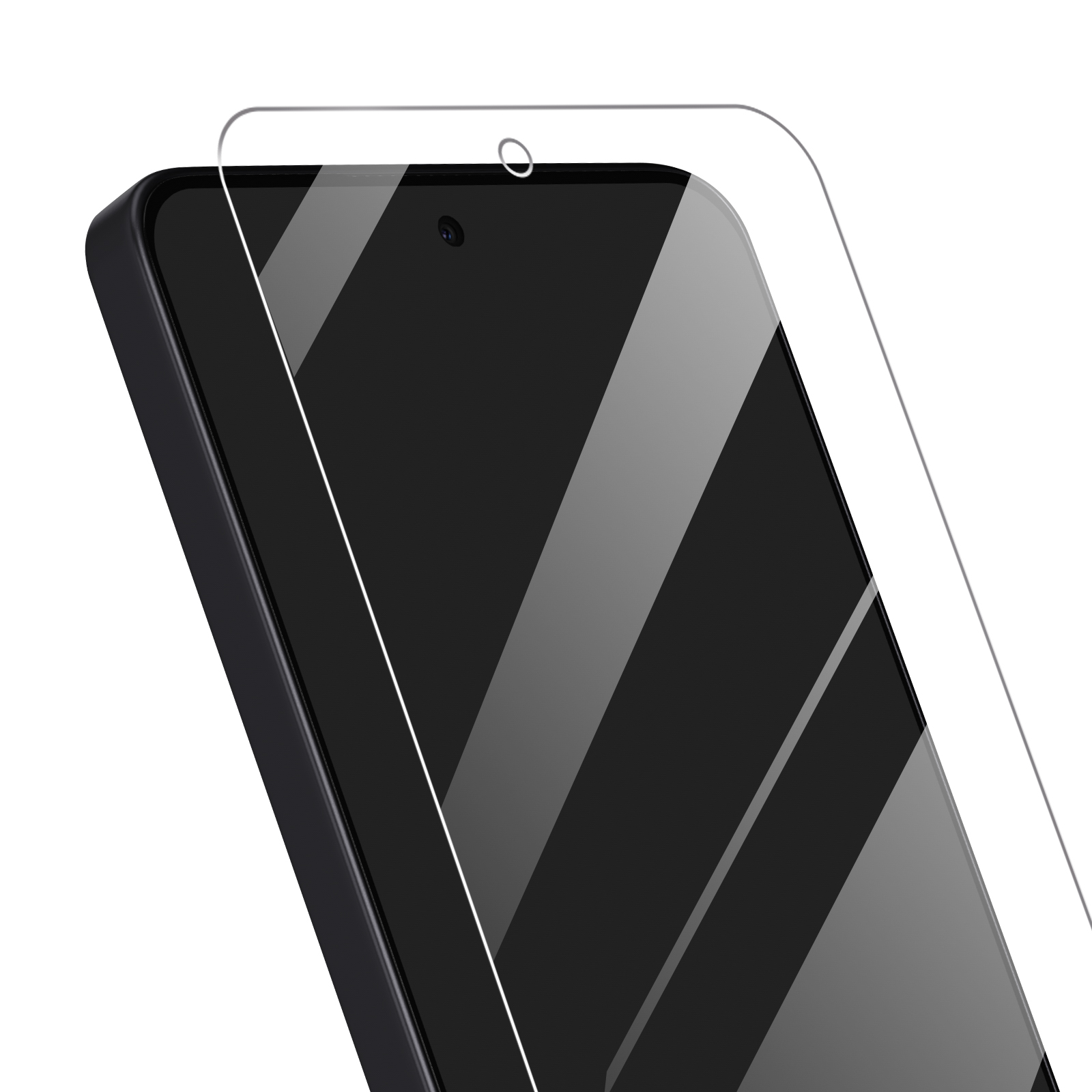 Un smartphone negro con protector de pantalla sobre fondo blanco. La pantalla refleja la luz.