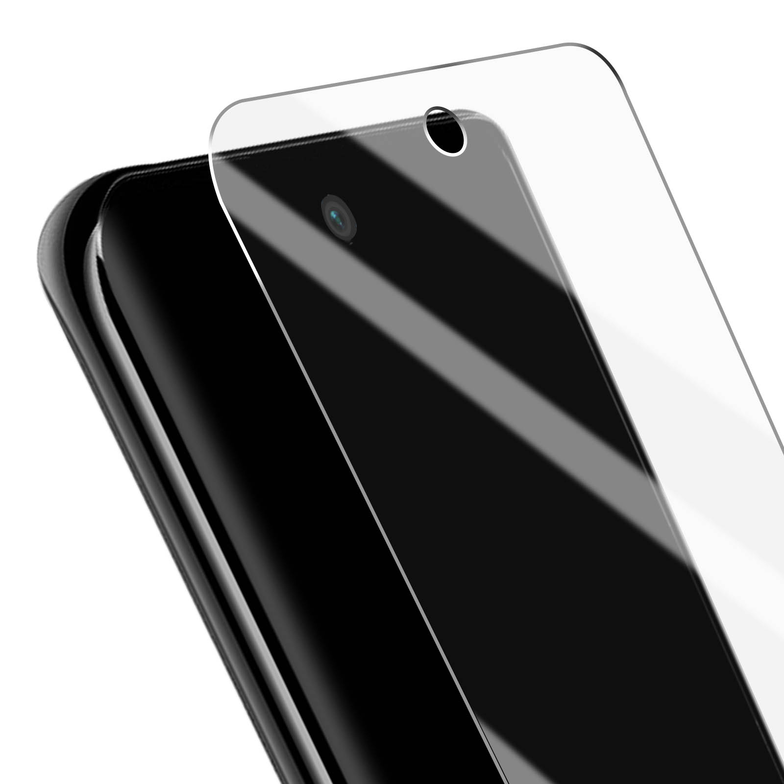 Uno smartphone nero con protezione schermo, con fori per fotocamera e sensore. La protezione è leggermente sollevata.