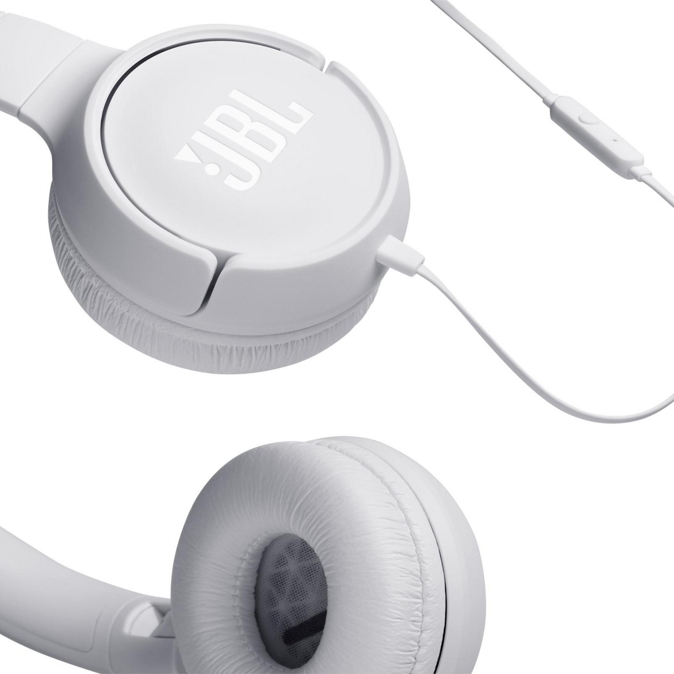 White JBL headphones, angled view. One earcup is in the foreground, the other in the background, with a connecting wire.
