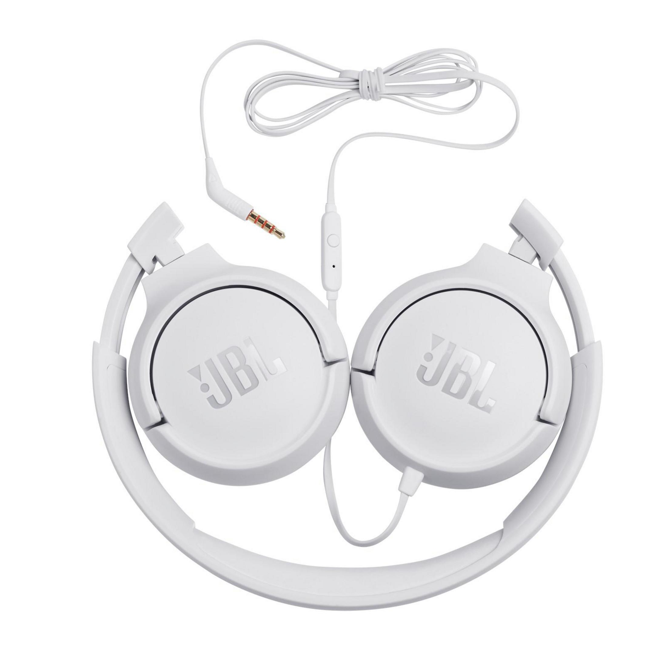 White JBL headphones with a white cable and a 3.5mm jack. The headphones are folded, and the background is white.