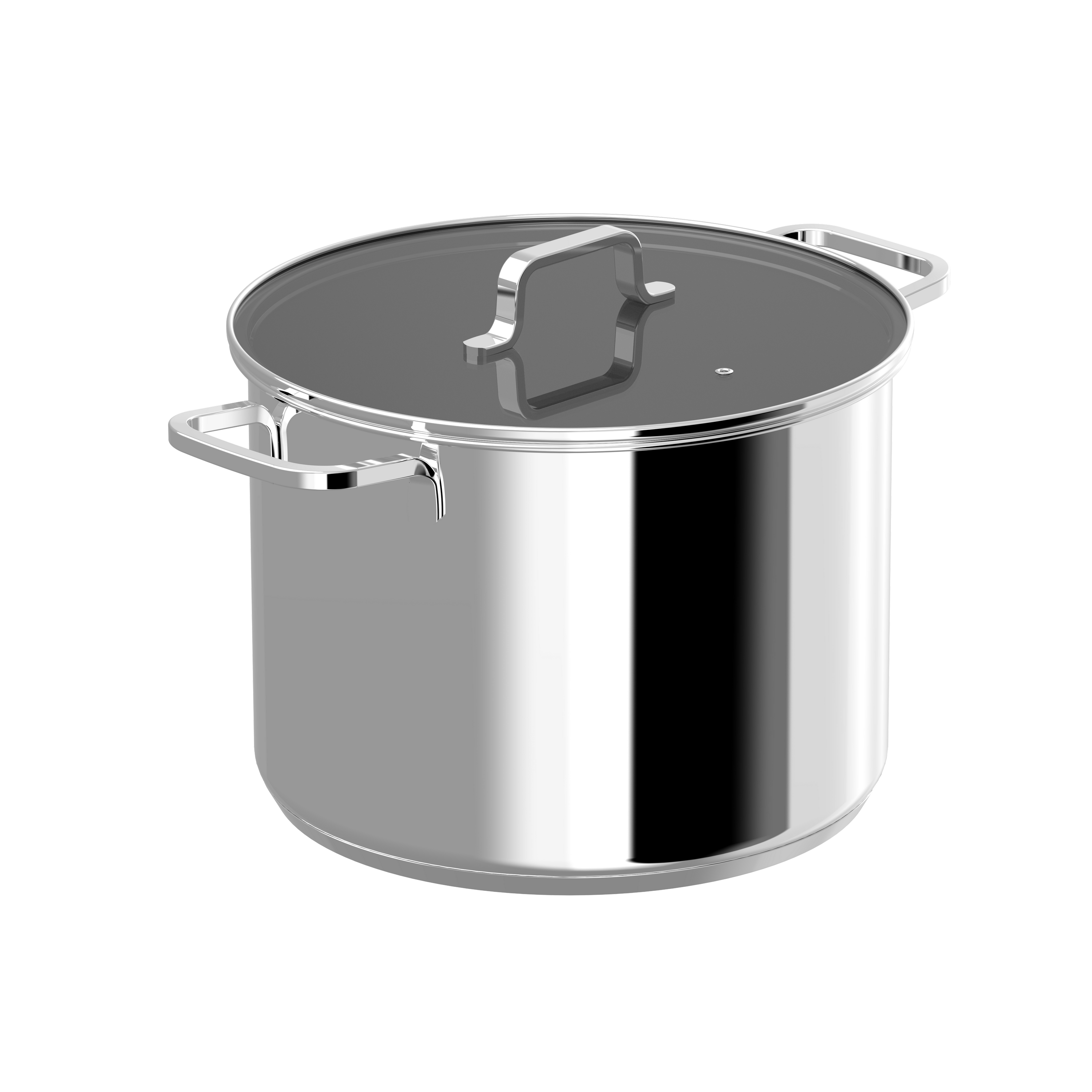 Een roestvrijstalen pot met glazen deksel en handvatten op een zwarte achtergrond. De pot reflecteert het licht.