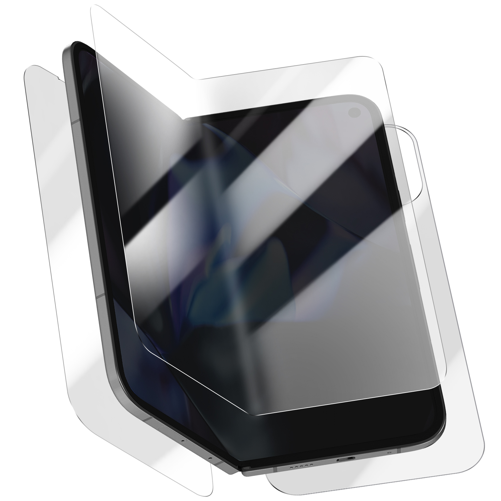 Uno smartphone con tre protezioni schermo trasparenti applicate. Le protezioni sono parzialmente staccate.