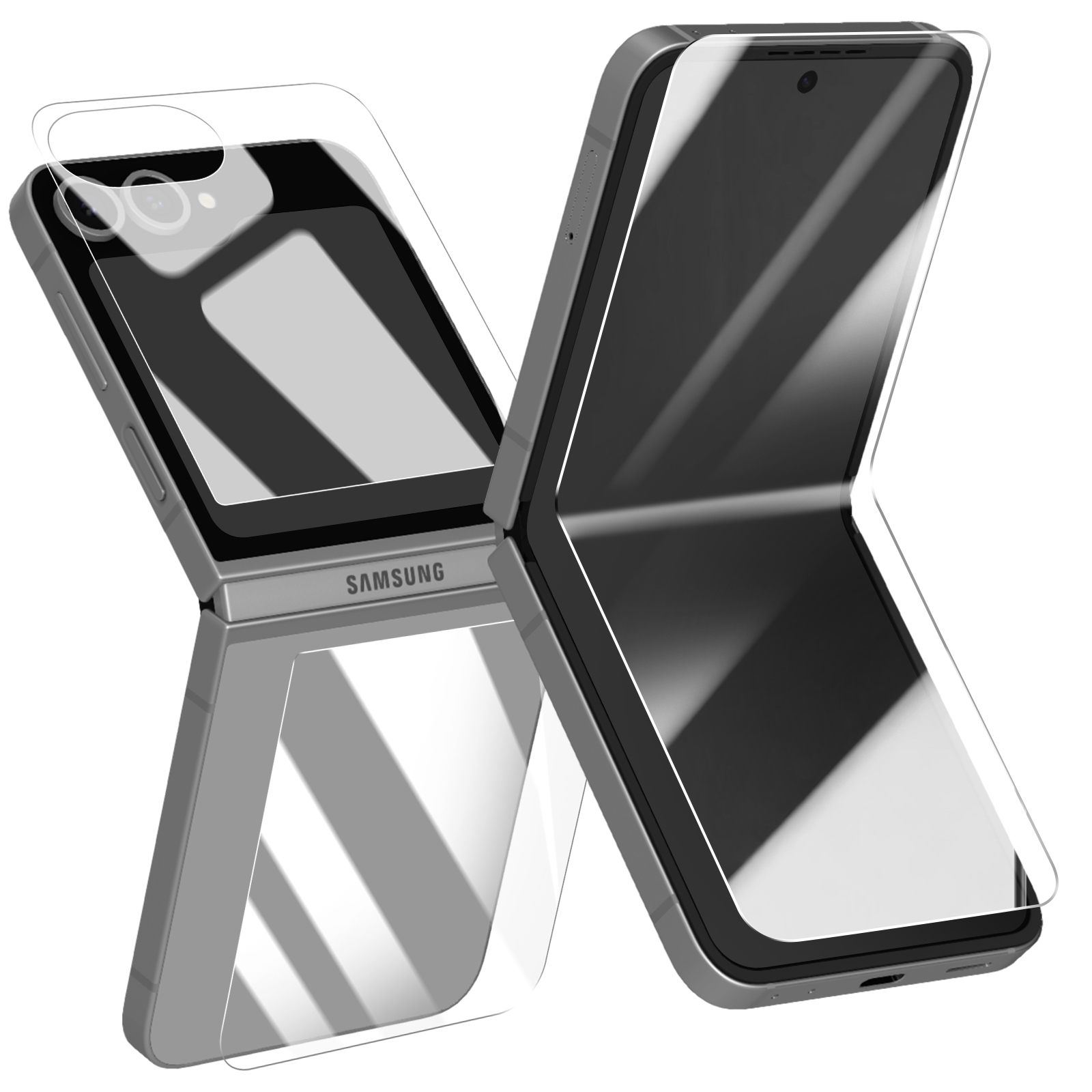 Due telefoni pieghevoli argentati, uno aperto e uno parzialmente aperto, con protezioni schermo, su sfondo bianco. Logo Samsung visibile.