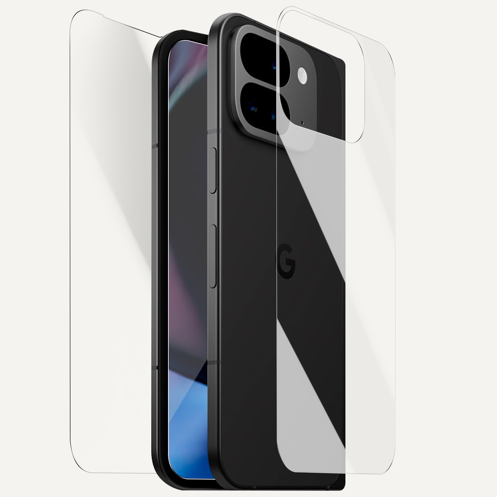 Telefono Google nero con protezione schermo, vista angolata. Il telefono ha un design in bianco e nero, con logo Google.