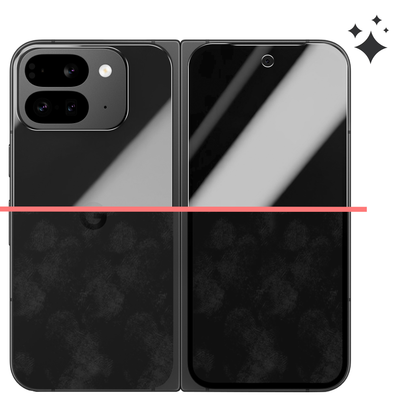 Telefono pieghevole nero. Due sezioni aperte. Un lato ha obiettivi della fotocamera. Superficie lucida riflette la luce.