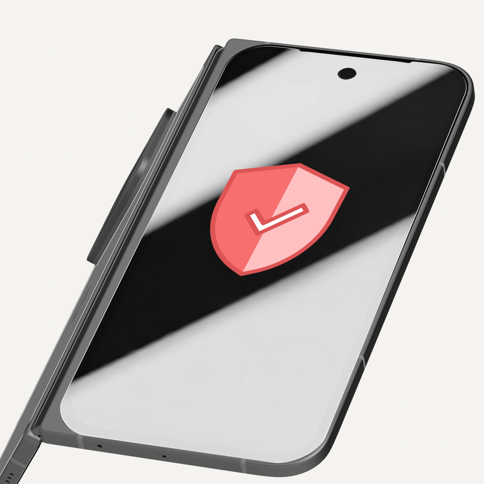 Uno smartphone nero con un'icona a scudo rosso e un segno di spunta su sfondo bianco.