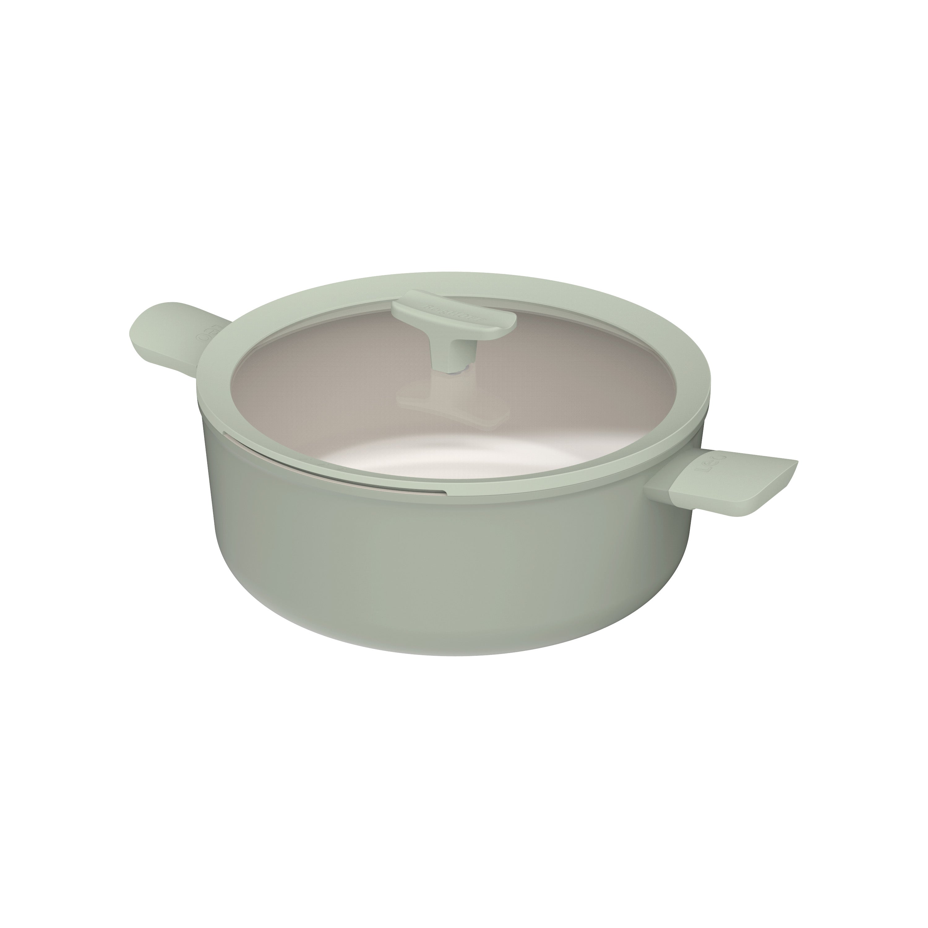 Een lichtgroene kookpot met een transparante deksel en twee handvatten. De pot staat op een witte achtergrond.
