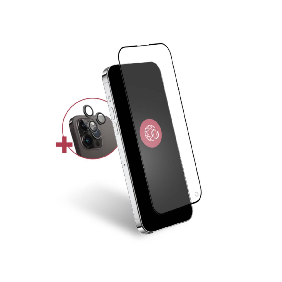 Un smartphone avec protecteur d'écran et coque, le tout sur fond blanc. Symbole plus et cercle rouges à proximité.