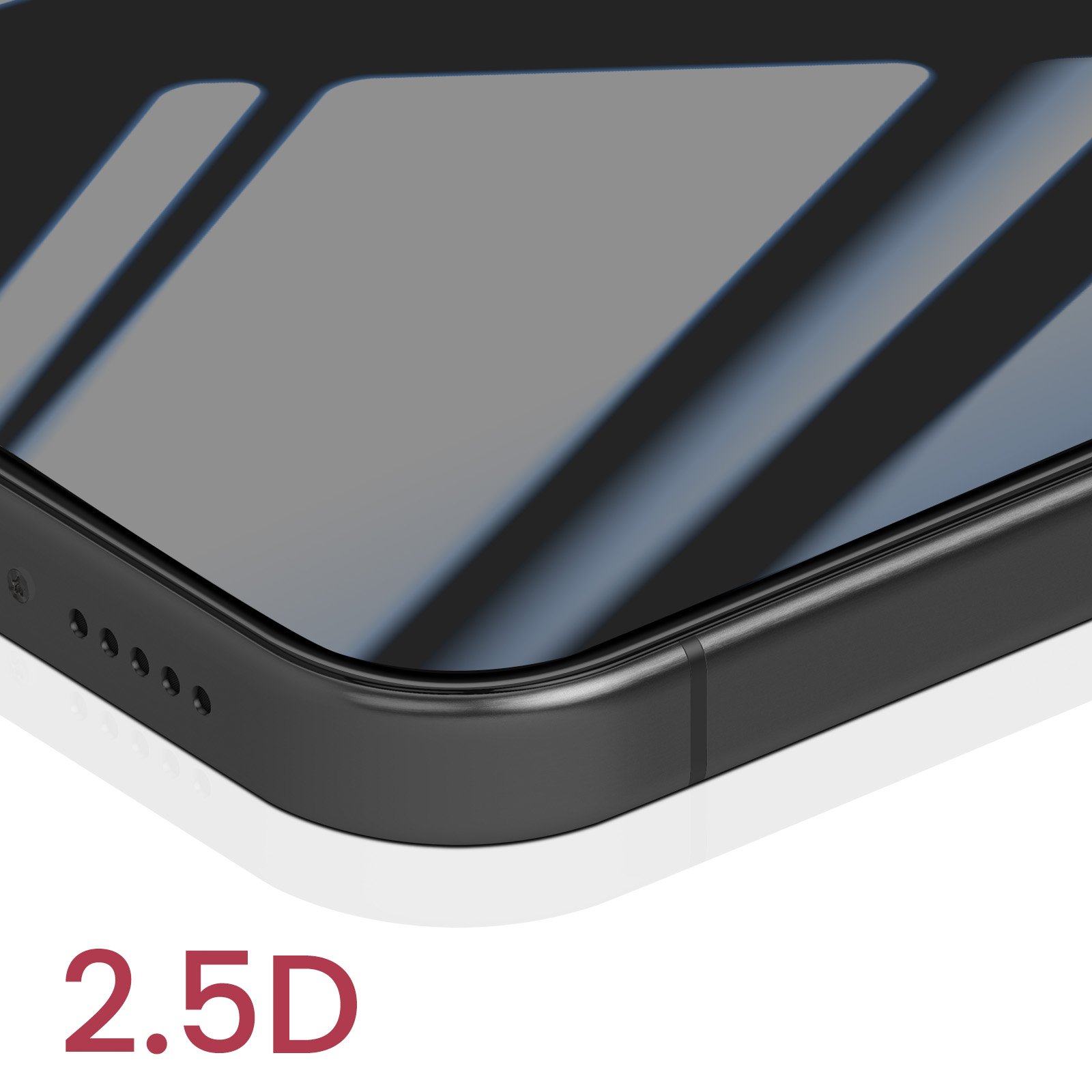 Gros plan sur un protecteur d'écran, le coin du téléphone est noir avec un écran incurvé. Le texte 2.5D est en bas.
