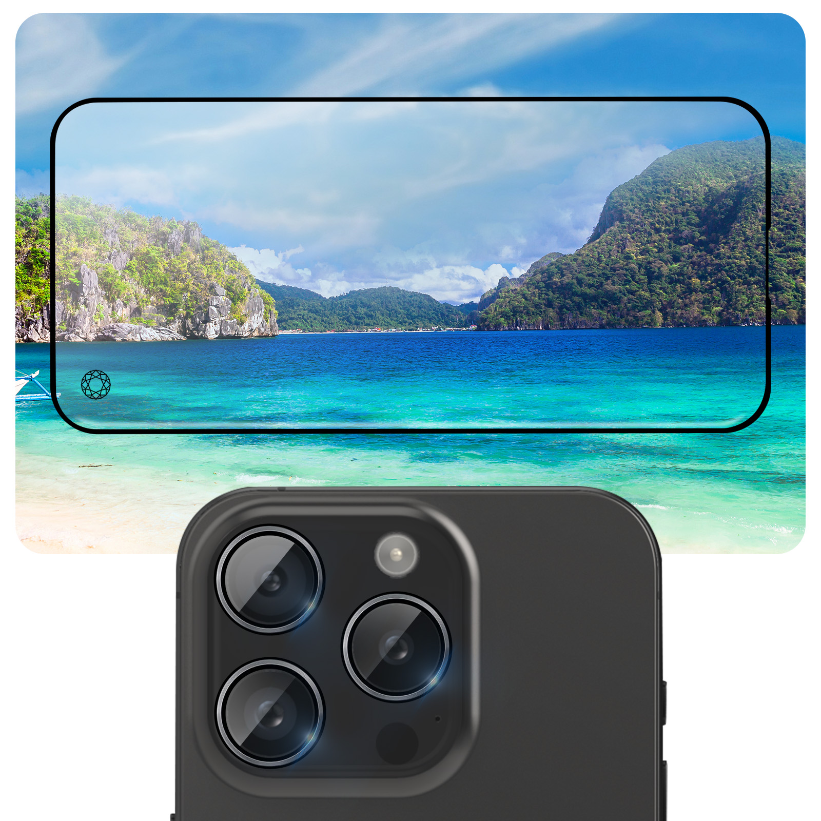 Une caméra de smartphone se concentre sur une vue panoramique de montagnes, de la mer et du ciel. Les lentilles du téléphone sont au premier plan.