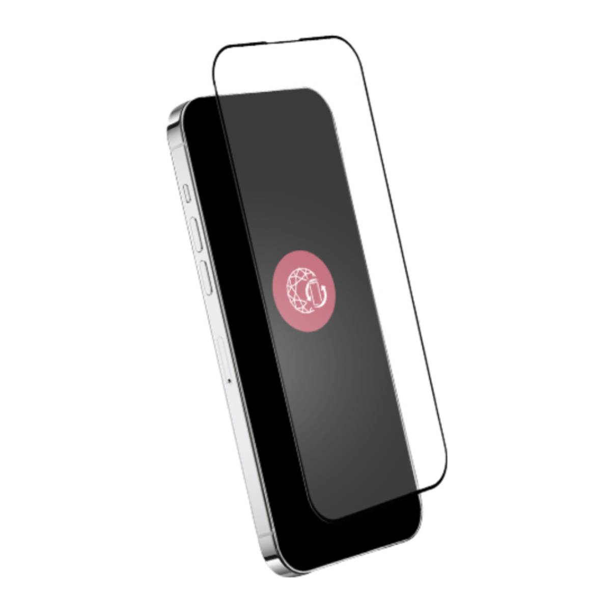 Un smartphone avec un protecteur d'écran. Le téléphone est noir avec un logo rose. Le protecteur est transparent.