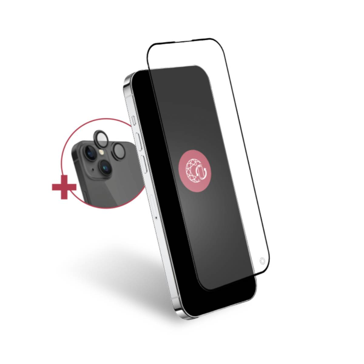 Smartphone avec protecteur d'écran, caméra de téléphone et signe plus sur fond blanc.