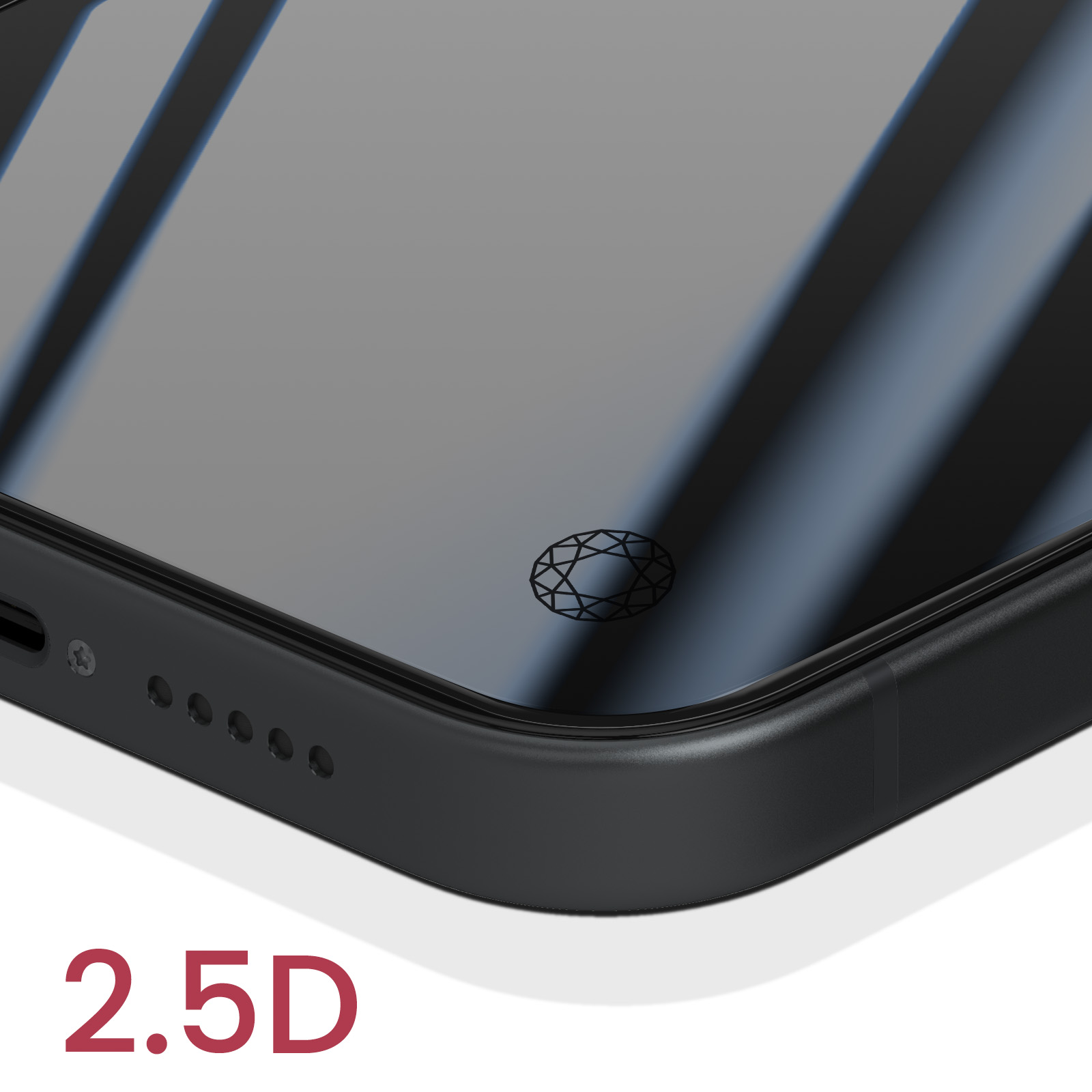 Gros plan d'un téléphone noir avec un protecteur d'écran 2.5D. Le protecteur a un design en forme de diamant et est sur une surface blanche.