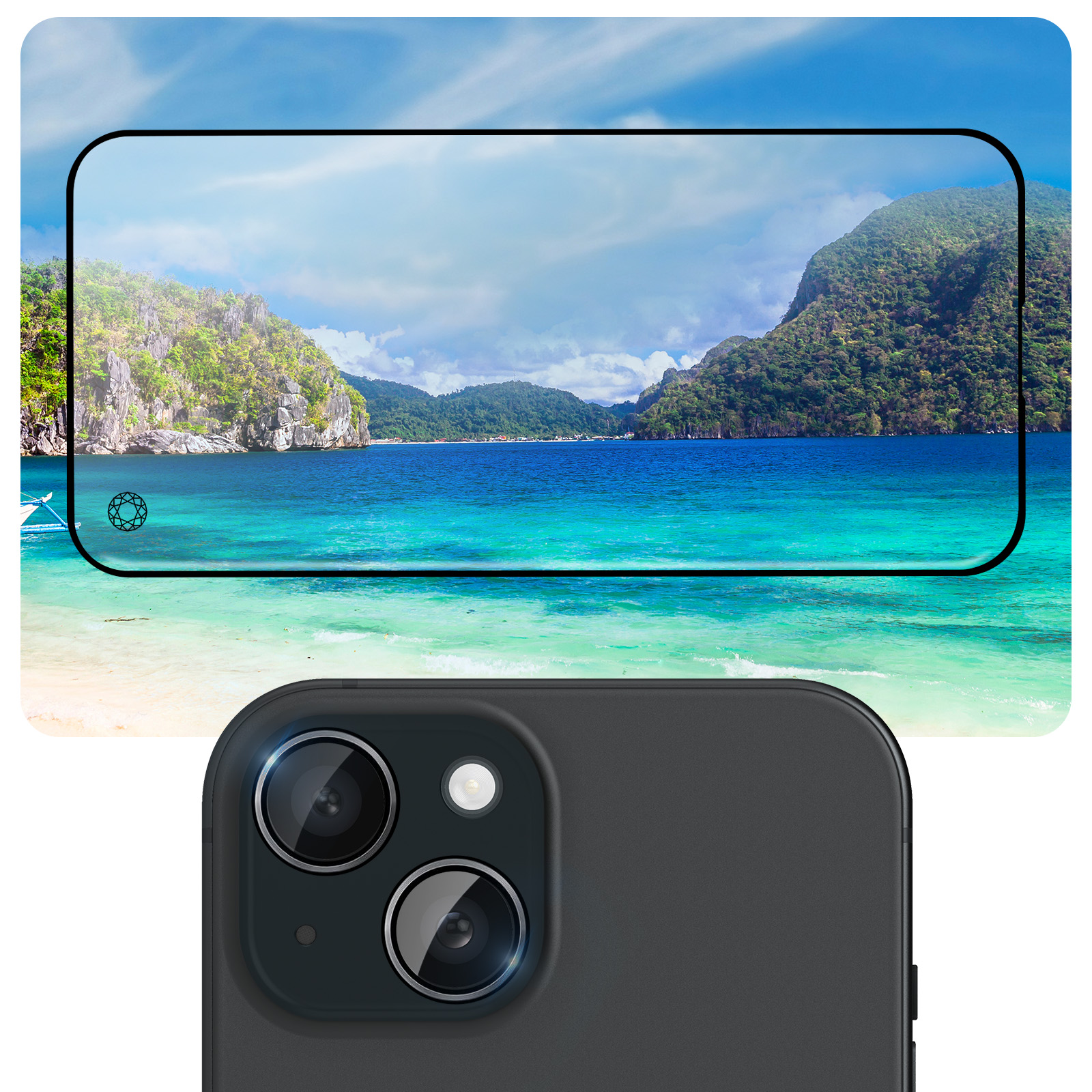 Un téléphone affiche une scène tropicale. Les lentilles de l'appareil photo du téléphone sont visibles en dessous. La scène montre une plage, des montagnes et de l'eau bleue.