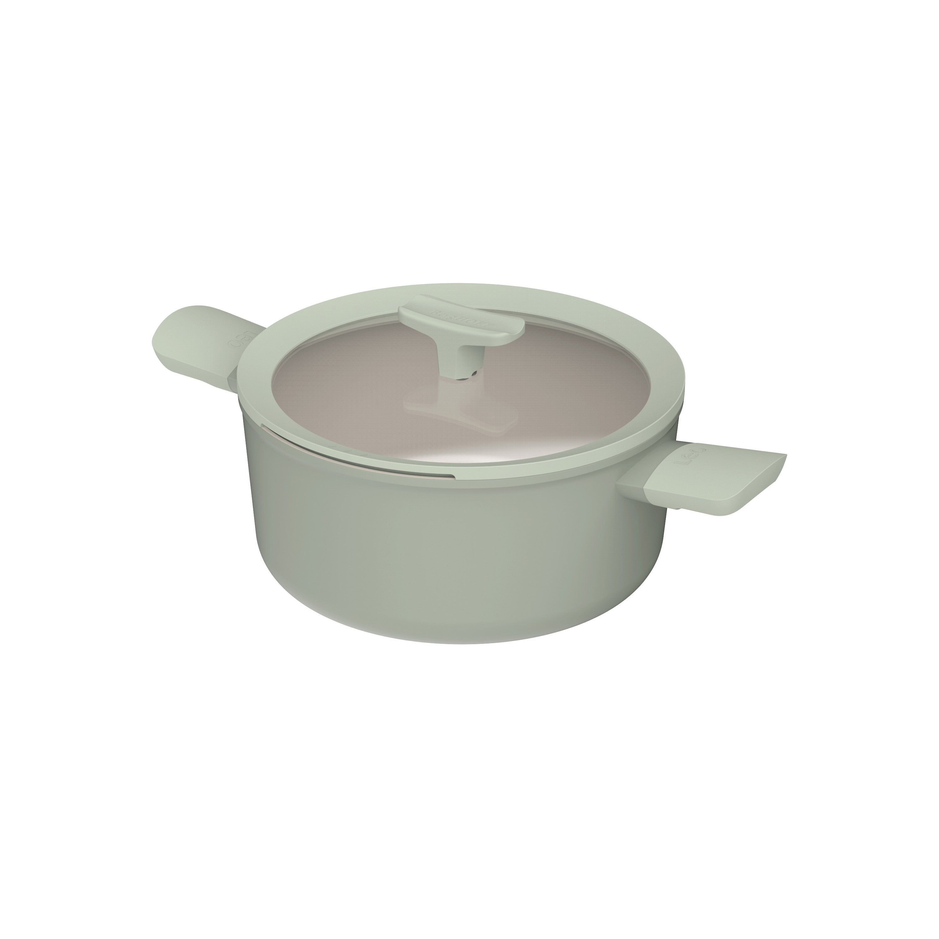 Een lichtgroene kookpot met een transparante deksel en twee handvatten aan de zijkant, op een witte achtergrond.