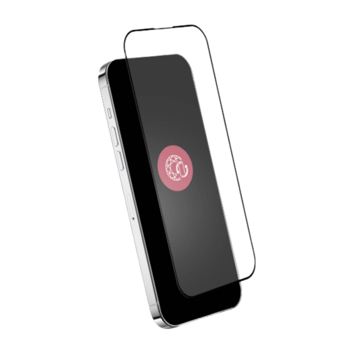 Un smartphone avec un protecteur d'écran, l'écran a un logo et le téléphone est sur fond blanc.