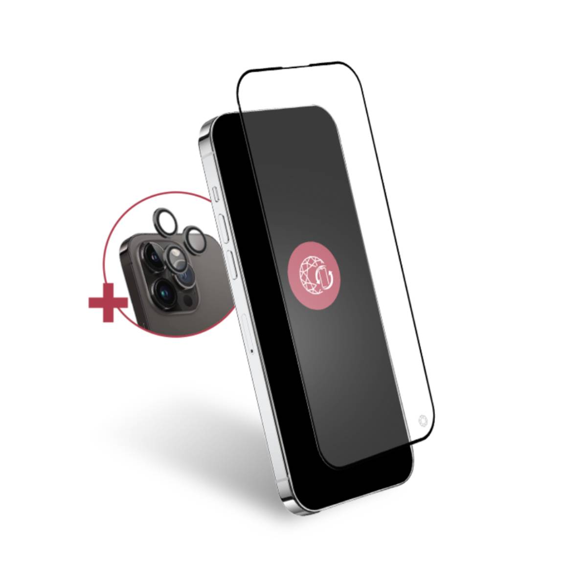 Un smartphone avec un protecteur d'écran et un protecteur d'objectif de caméra. Le téléphone a un écran avec un logo. Dans le coin, un signe plus.