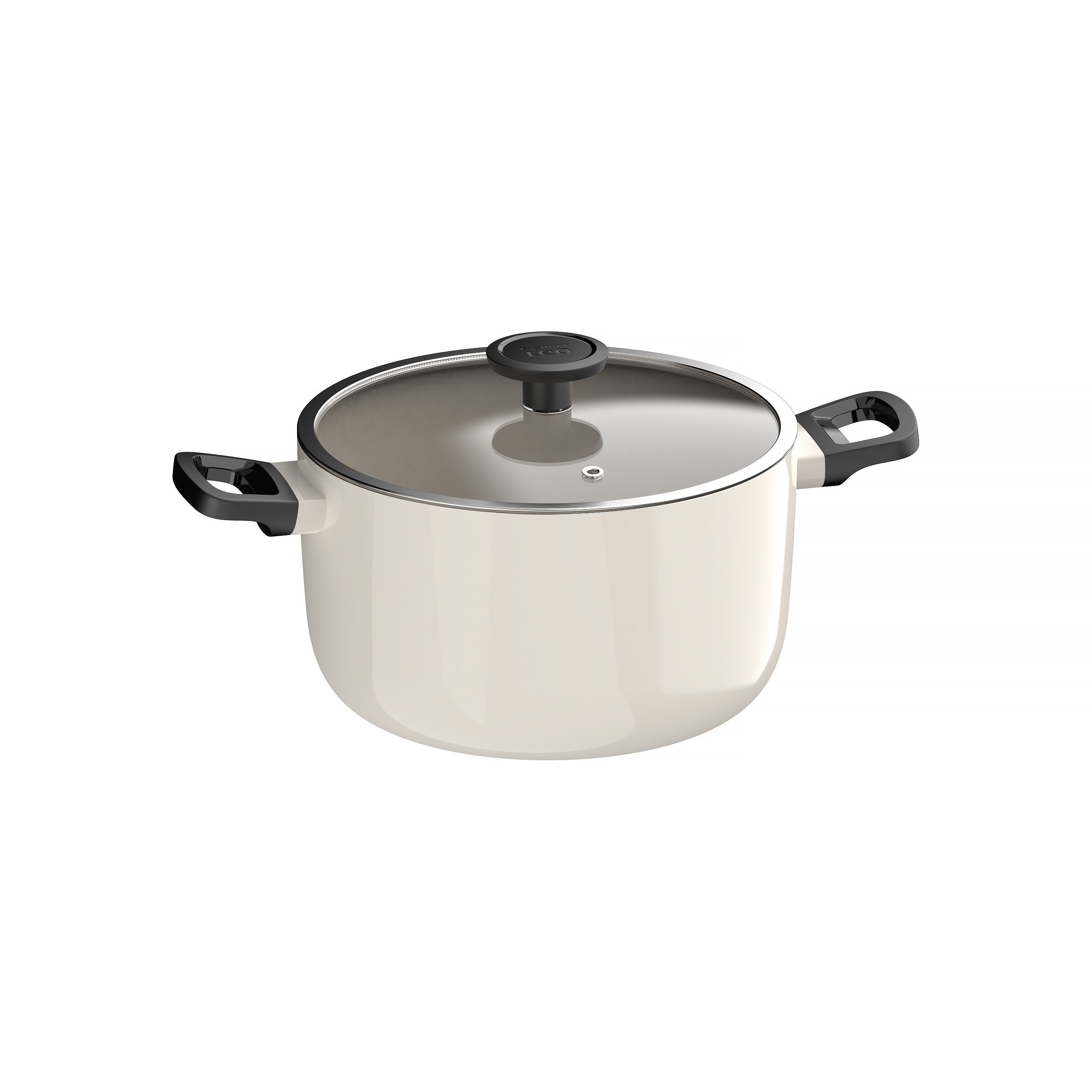 Crèmekleurige pan met glazen deksel en zwarte handvatten. De achtergrond is wit.