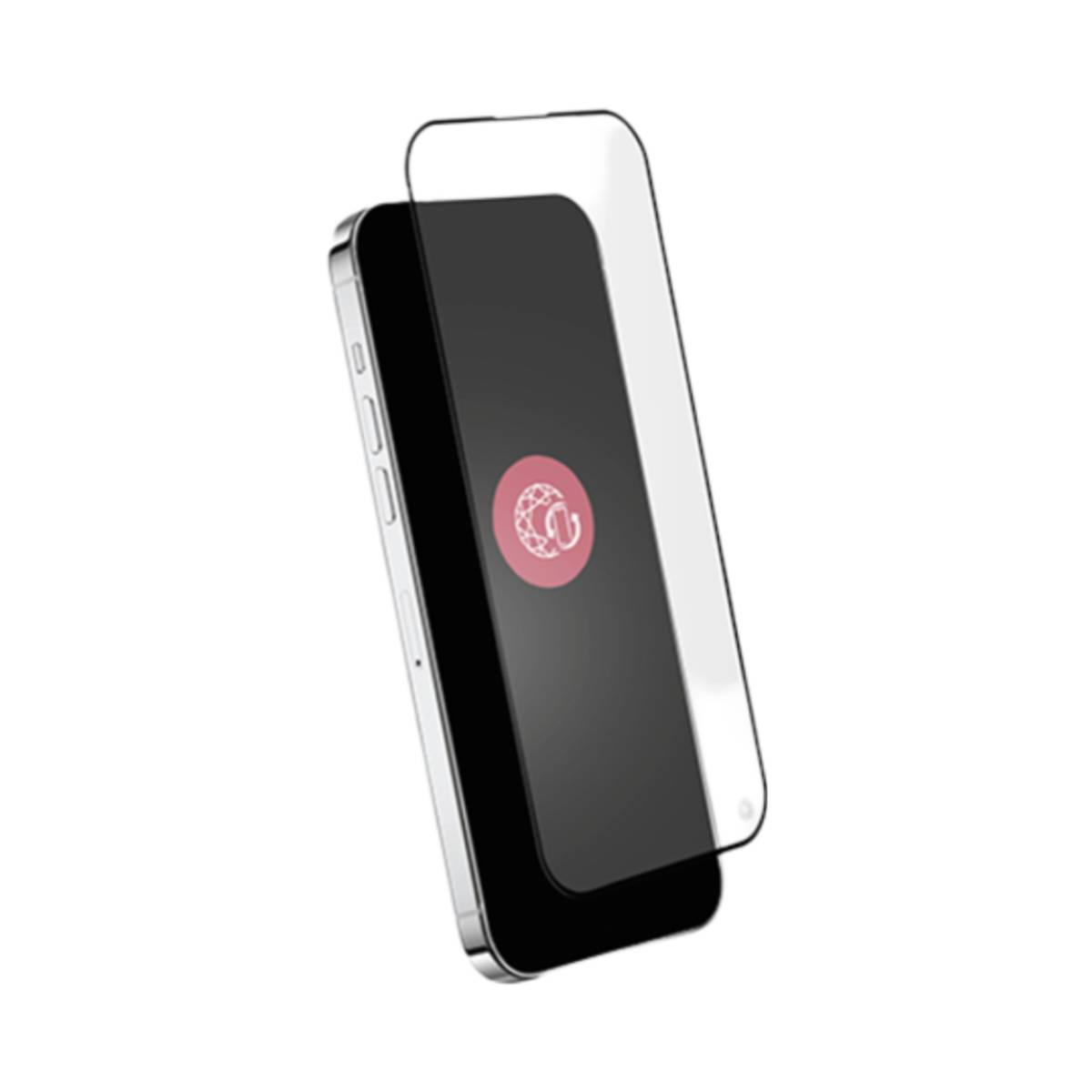 Un smartphone avec un protecteur d'écran, affichant un logo rose. Le téléphone est argenté et noir, sur fond blanc.