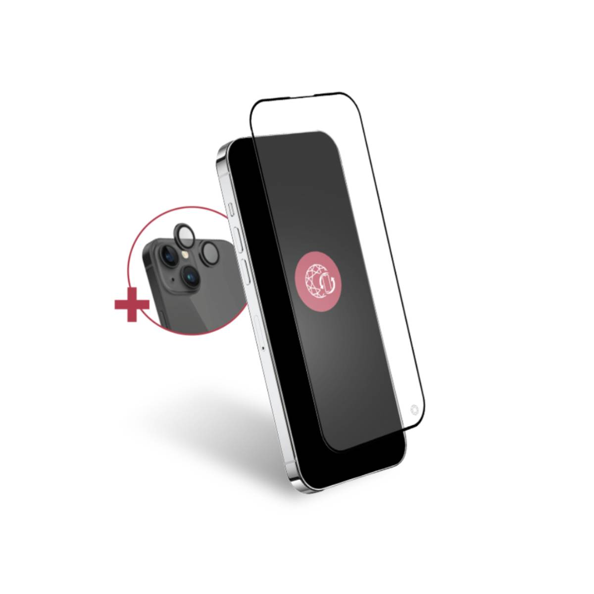 Un smartphone avec un protecteur d'écran. Une incrustation montre la caméra du téléphone. Un logo rouge est sur l'écran.