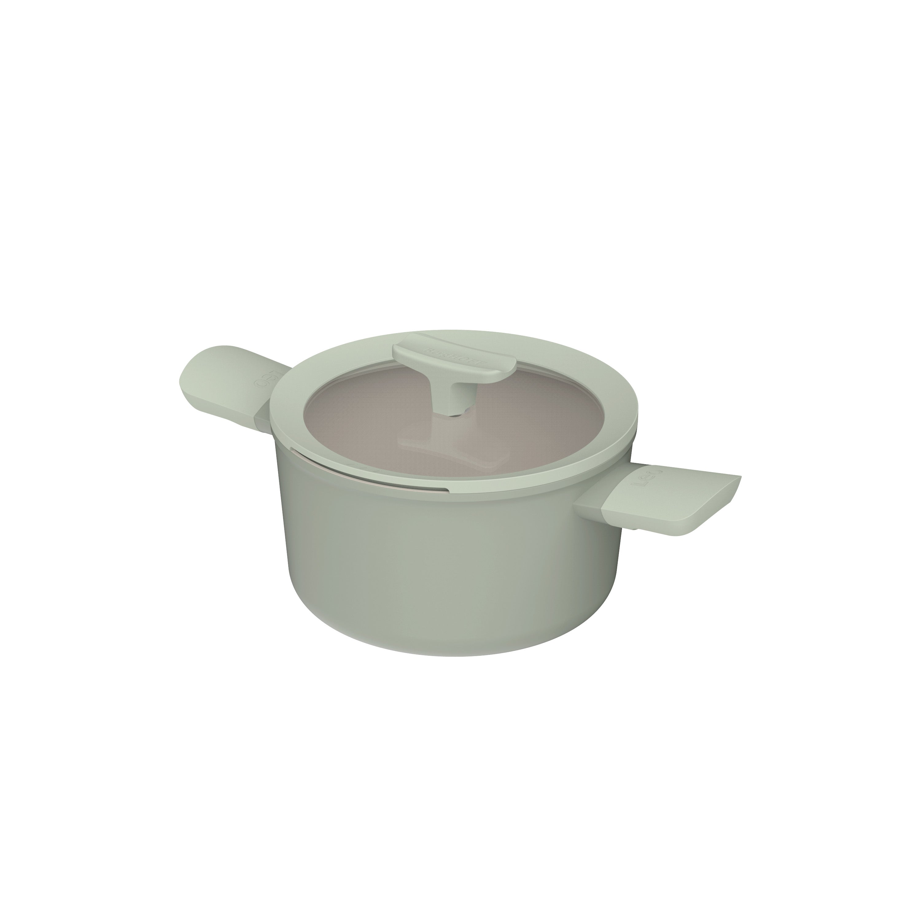 Een lichtgroene pot met een transparante deksel staat in het midden. Het heeft twee handvatten en staat op een witte achtergrond.