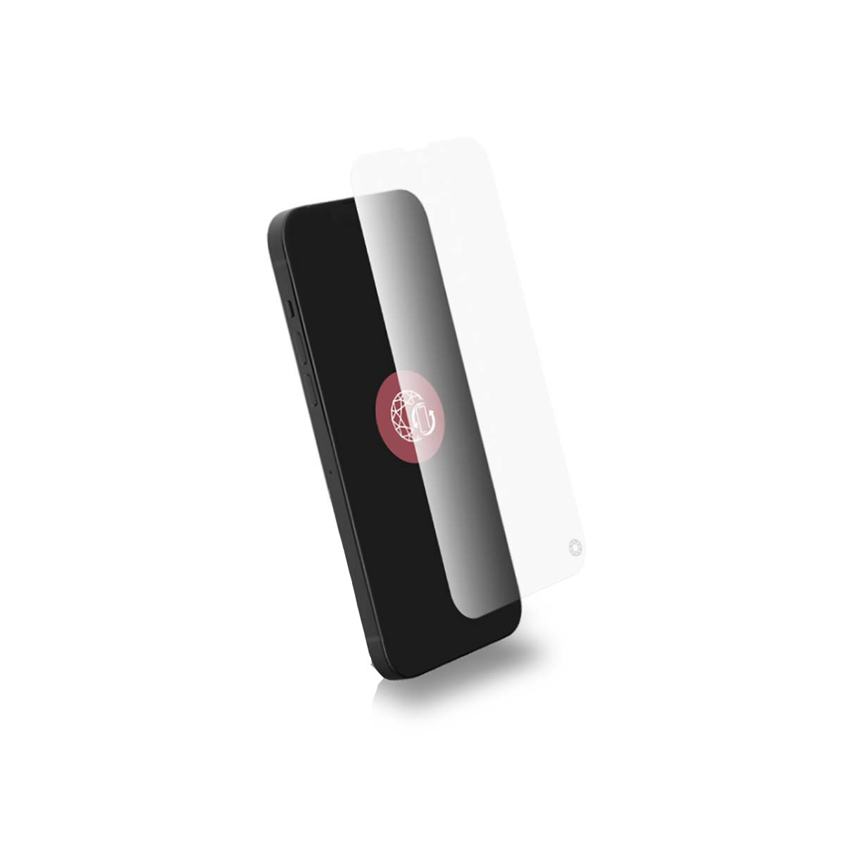 Uno smartphone nero con una protezione per lo schermo è angolato su una superficie bianca. Lo schermo mostra un logo circolare rosso.