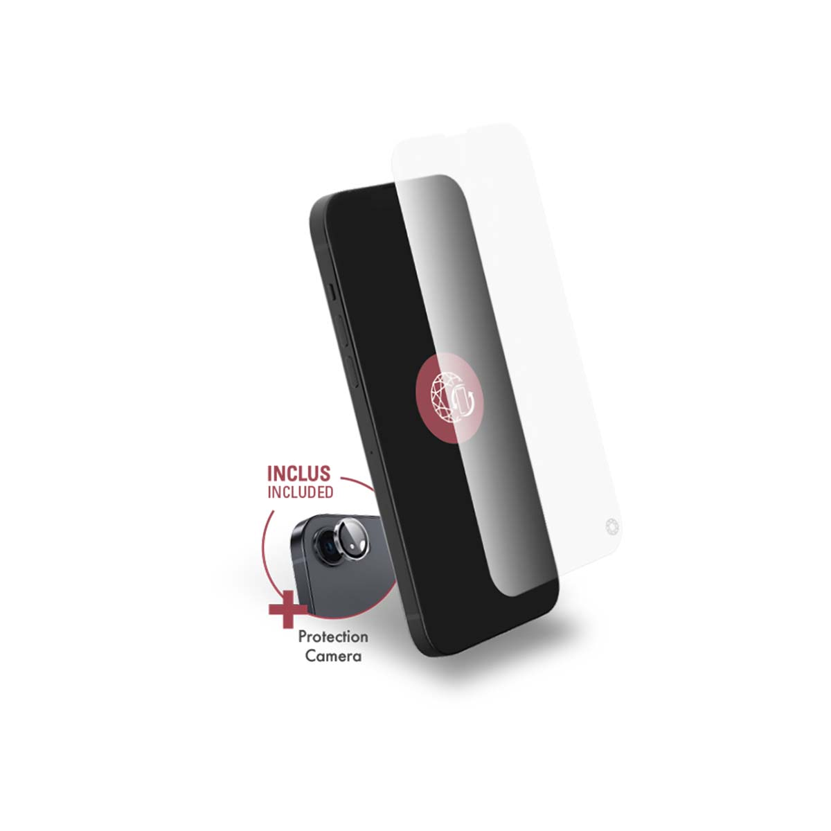 Smartphone nero con protezione schermo, protezione fotocamera e testo 'INCLUS INCLUDED' e 'Protection Camera' su sfondo bianco.