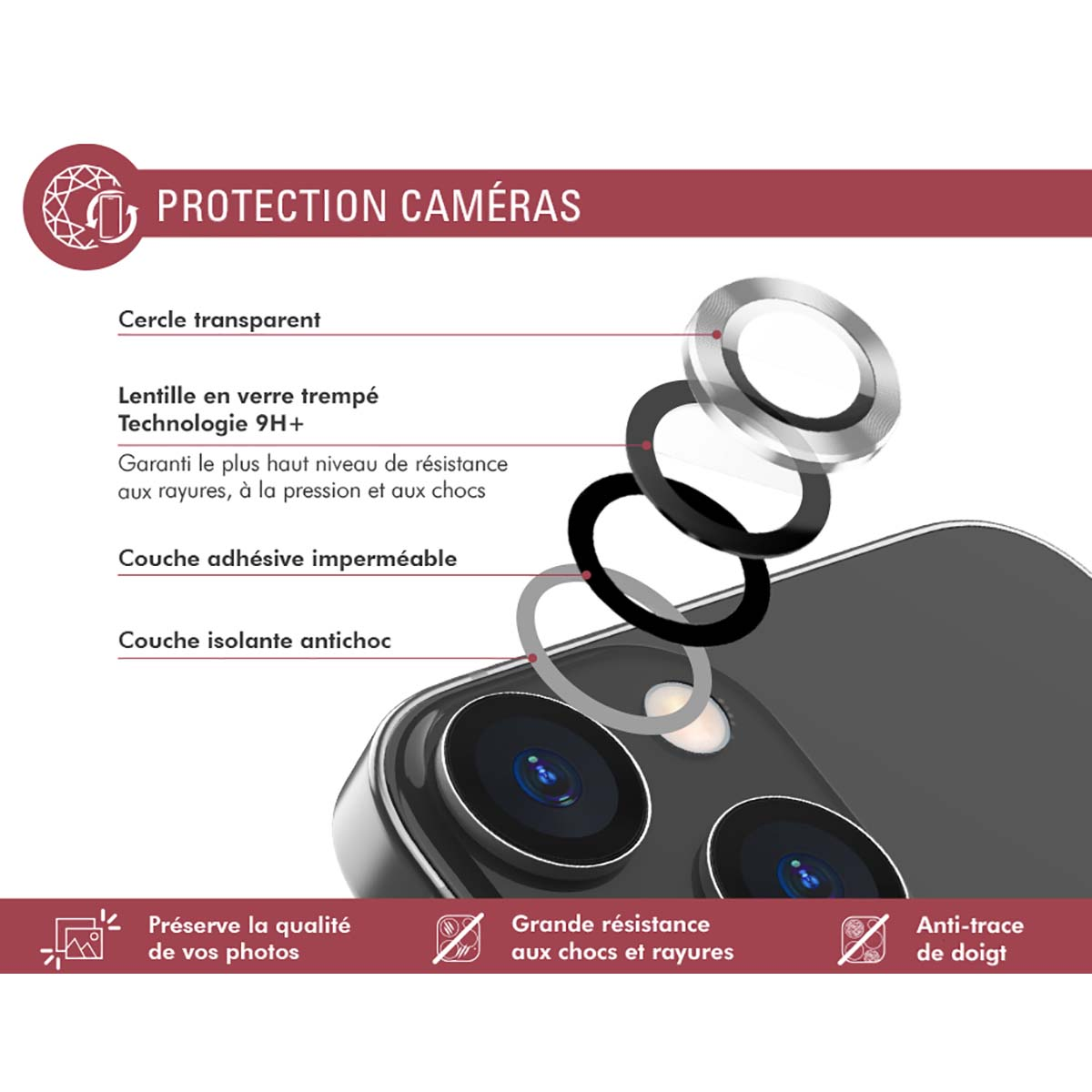 L'immagine mostra una protezione per l'obiettivo della fotocamera del telefono. Il testo evidenzia funzionalità come la resistenza ai graffi. Ci sono diagrammi visivi.