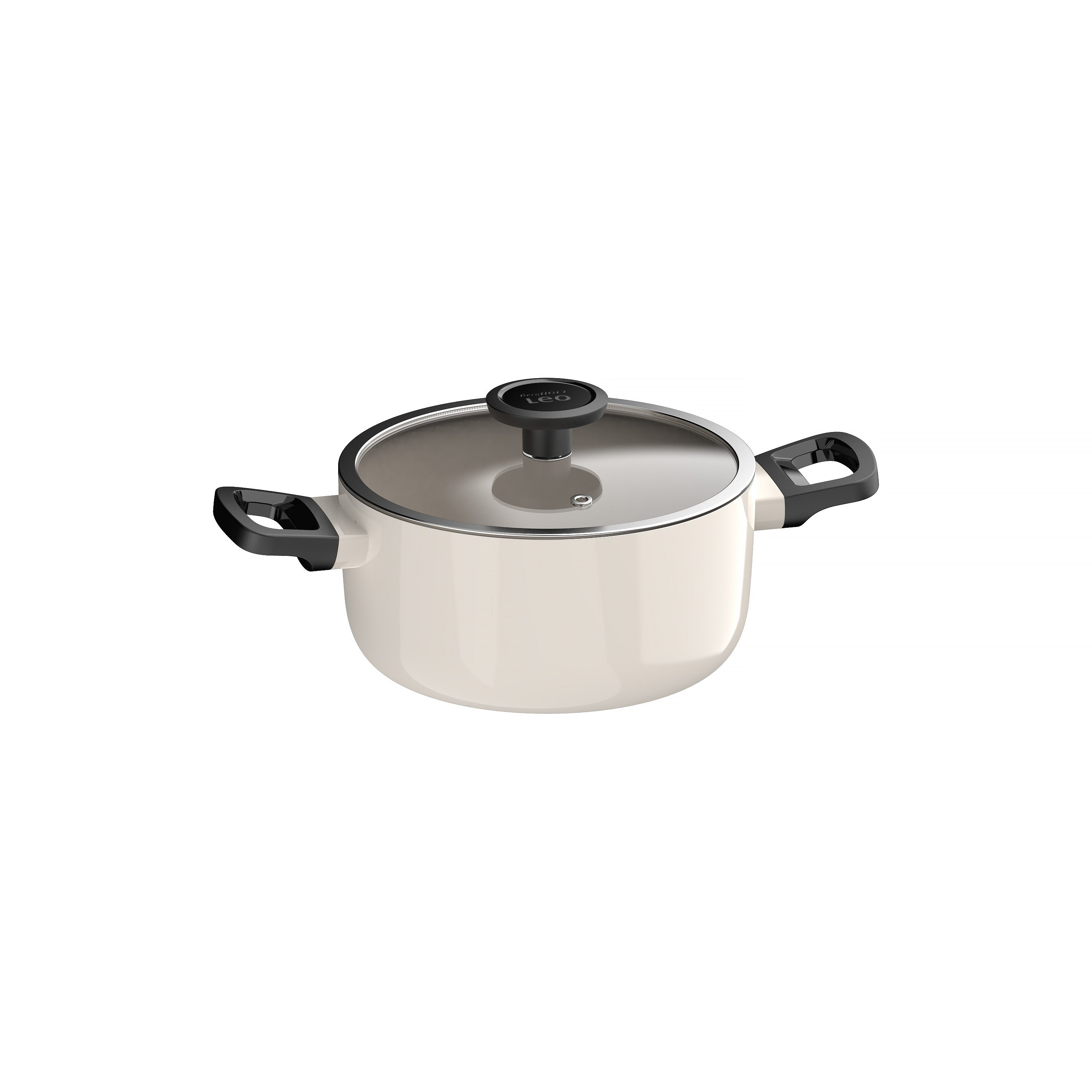 Een crème pot met een glazen deksel en zwarte handvatten. Het deksel heeft een zwarte knop met logo.
