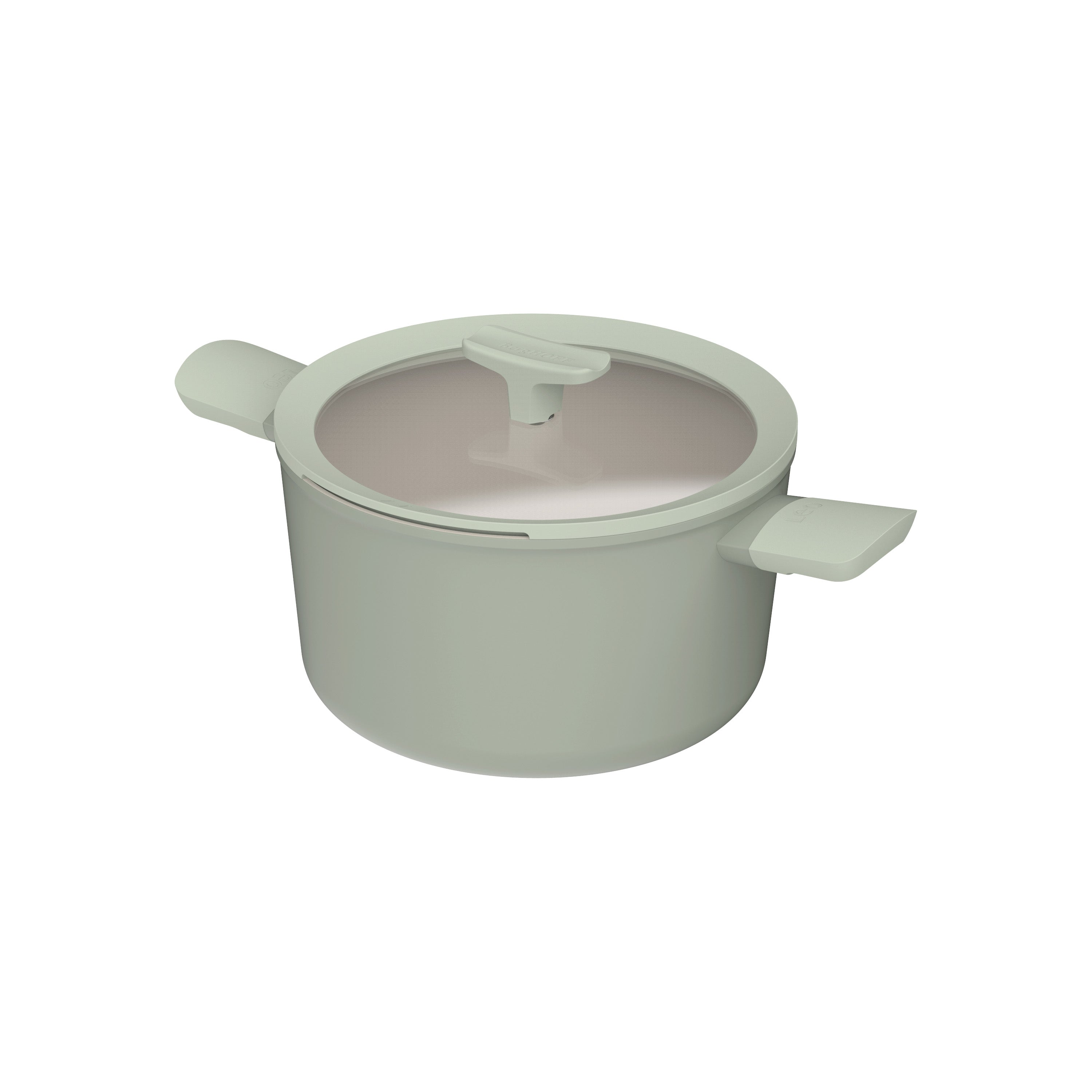 Een lichtgroene pot met een glazen deksel en twee handvatten, tegen een witte achtergrond.