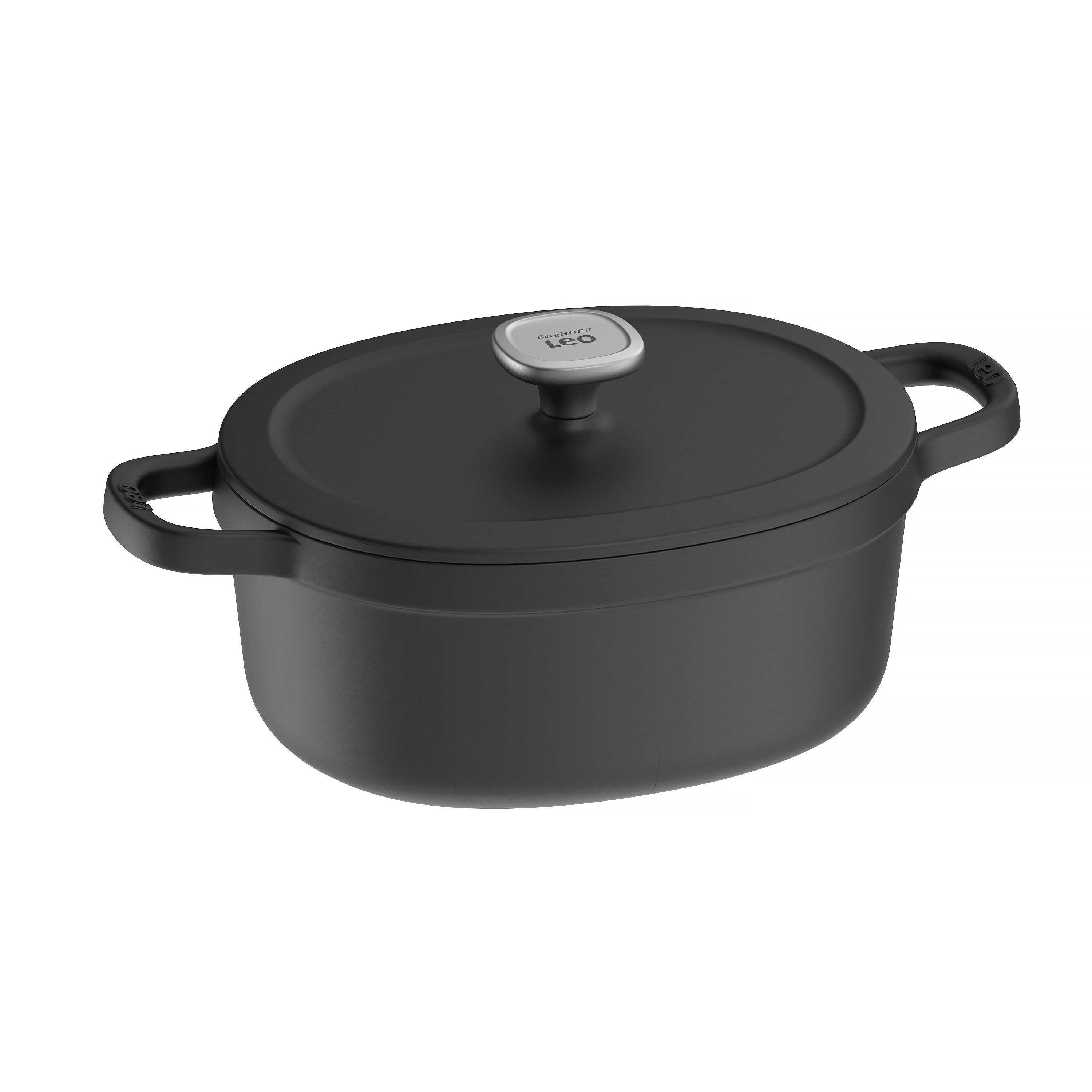 Zwarte ovale pot met deksel en handvatten, metalen knop bovenop. Witte achtergrond.