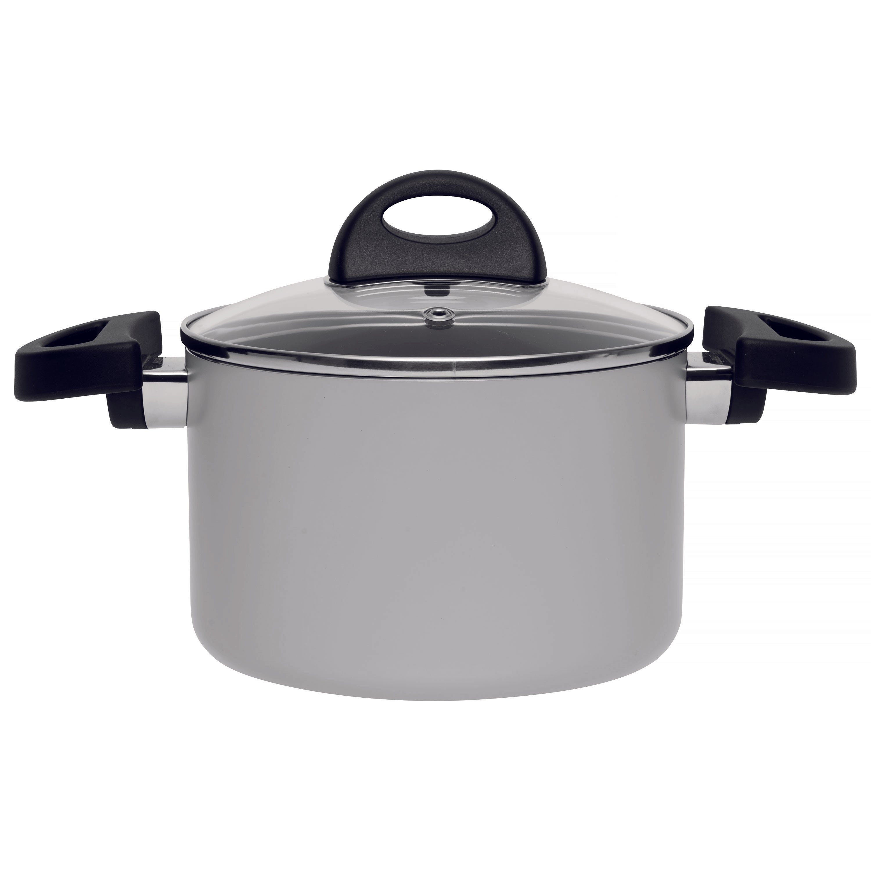 Een roestvrijstalen kookpot met een glazen deksel en zwarte handvatten. Op een witte achtergrond.