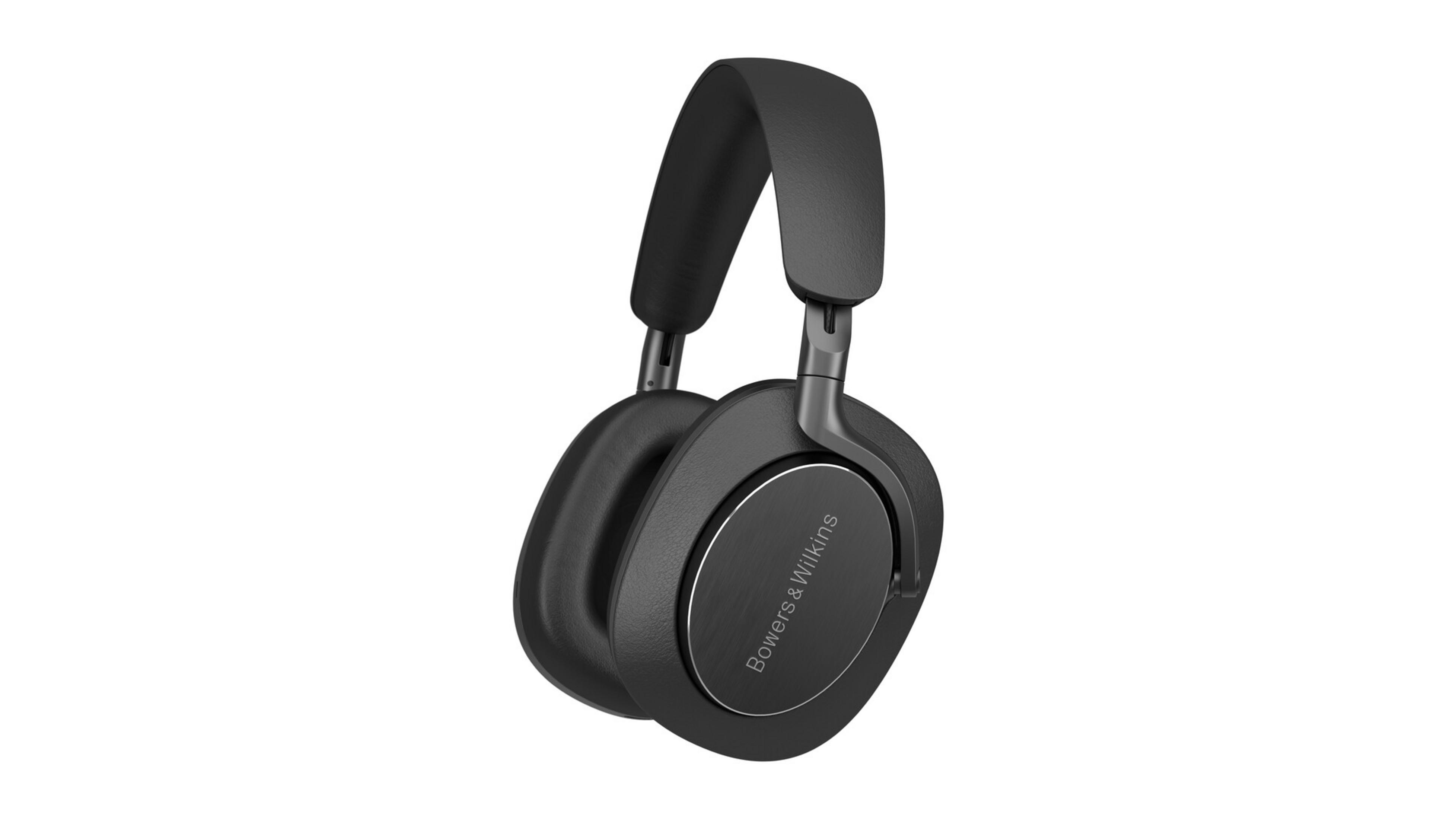 Cuffie Bowers & Wilkins nere isolate su bianco. Hanno archetto e padiglioni imbottiti. Il nome del marchio è visibile.