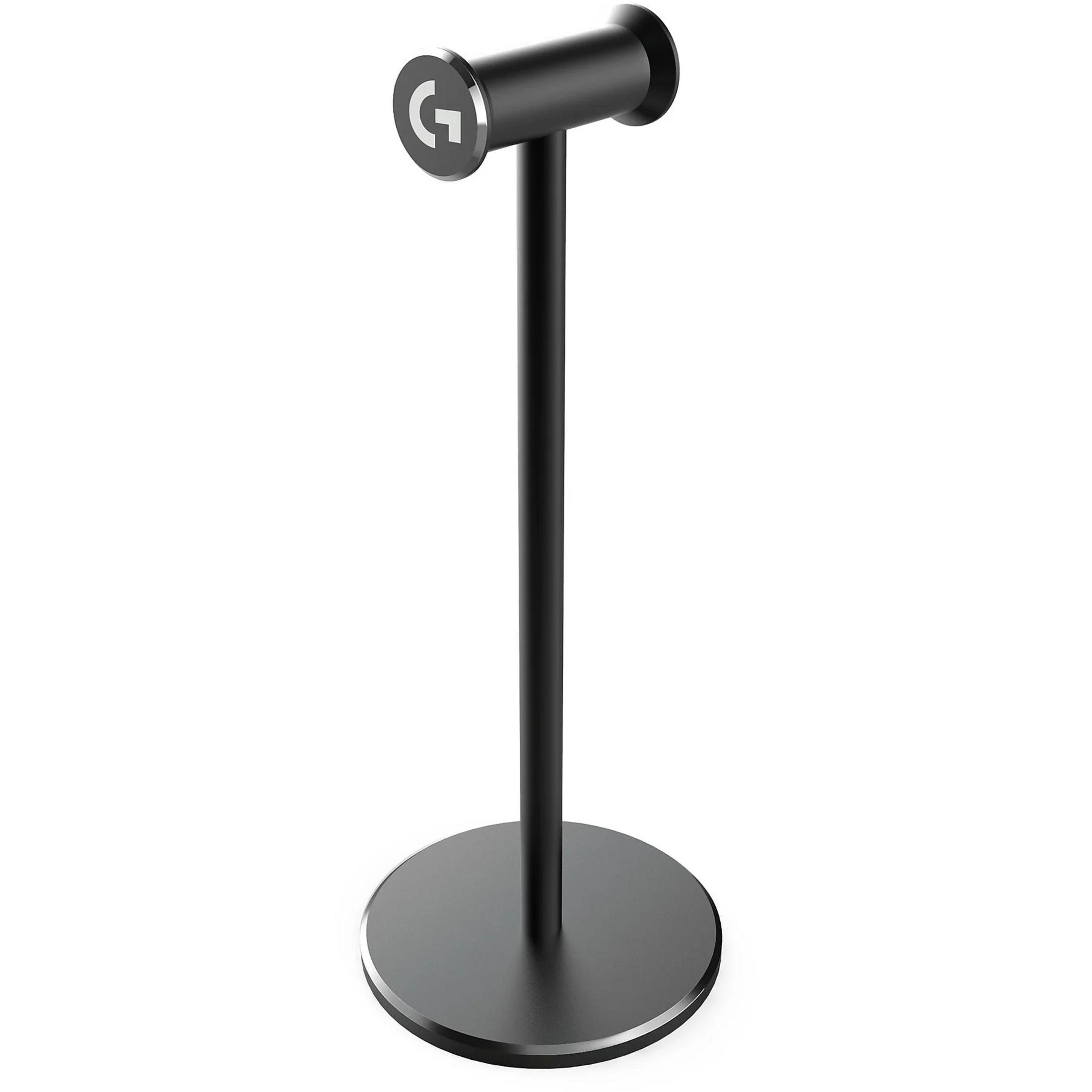 Czarny stojak na słuchawki. Ma okrągłą podstawę, pionowy trzon i poziomy drążek z logo 'G'.