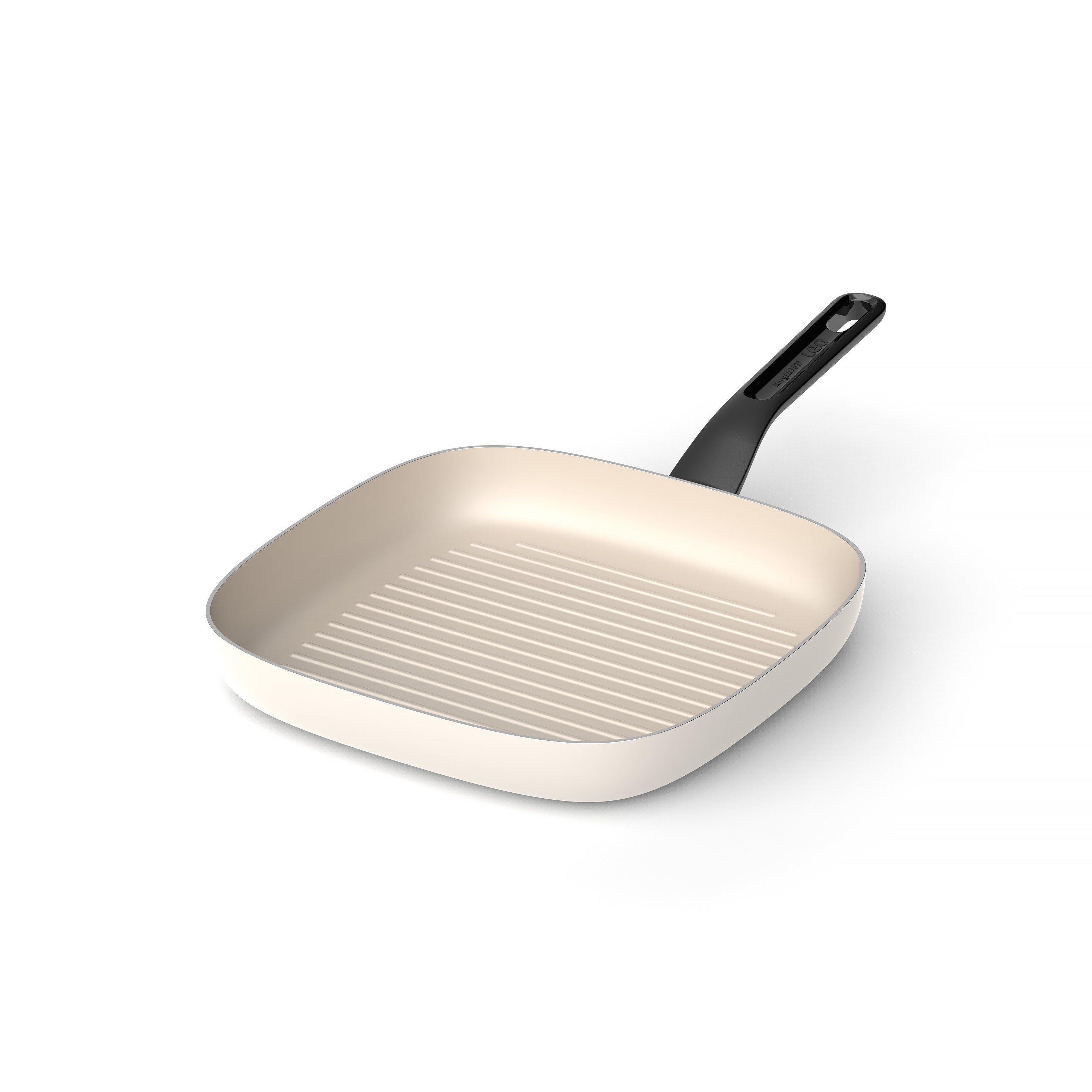 A square, cream-colored grill pan with a black handle. The pan has grill lines and sits on a white surface.