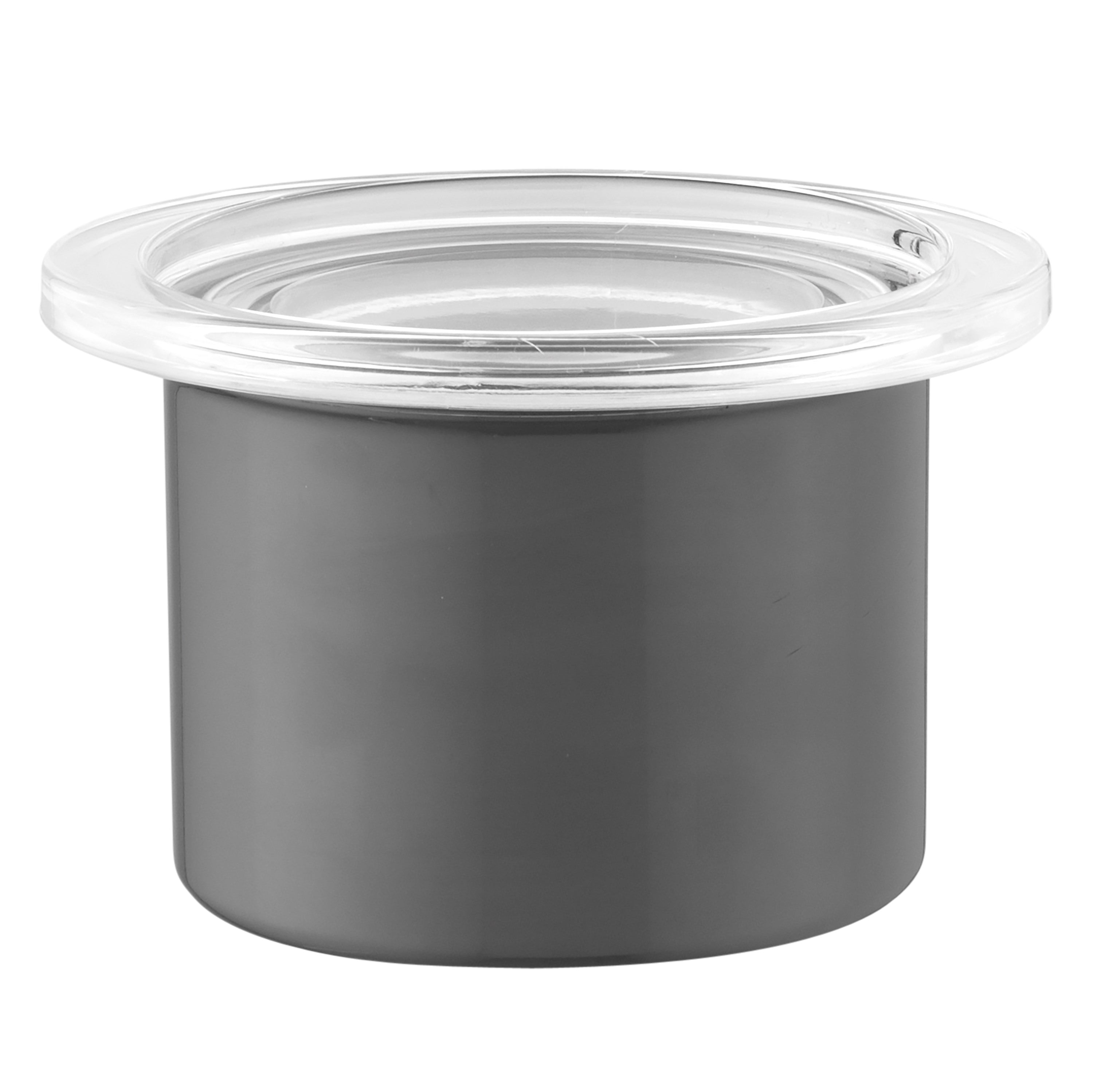 A gray cylindrical container with a transparent rim on top. The background is plain white.