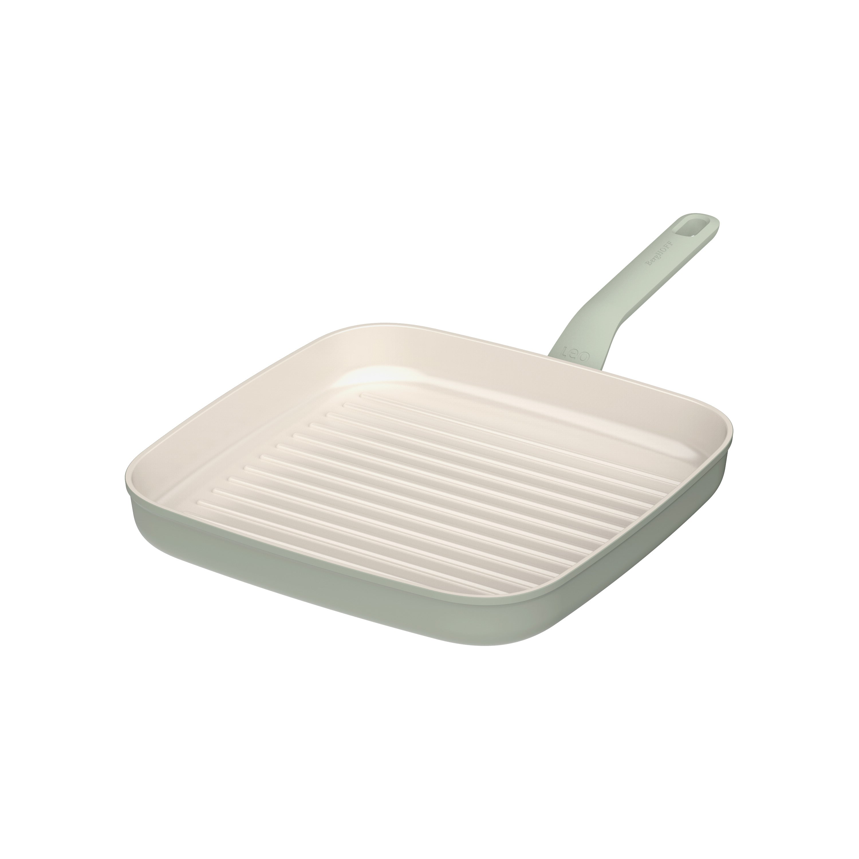 A square, light green grill pan with a matching handle. The interior is cream-colored with grill lines.