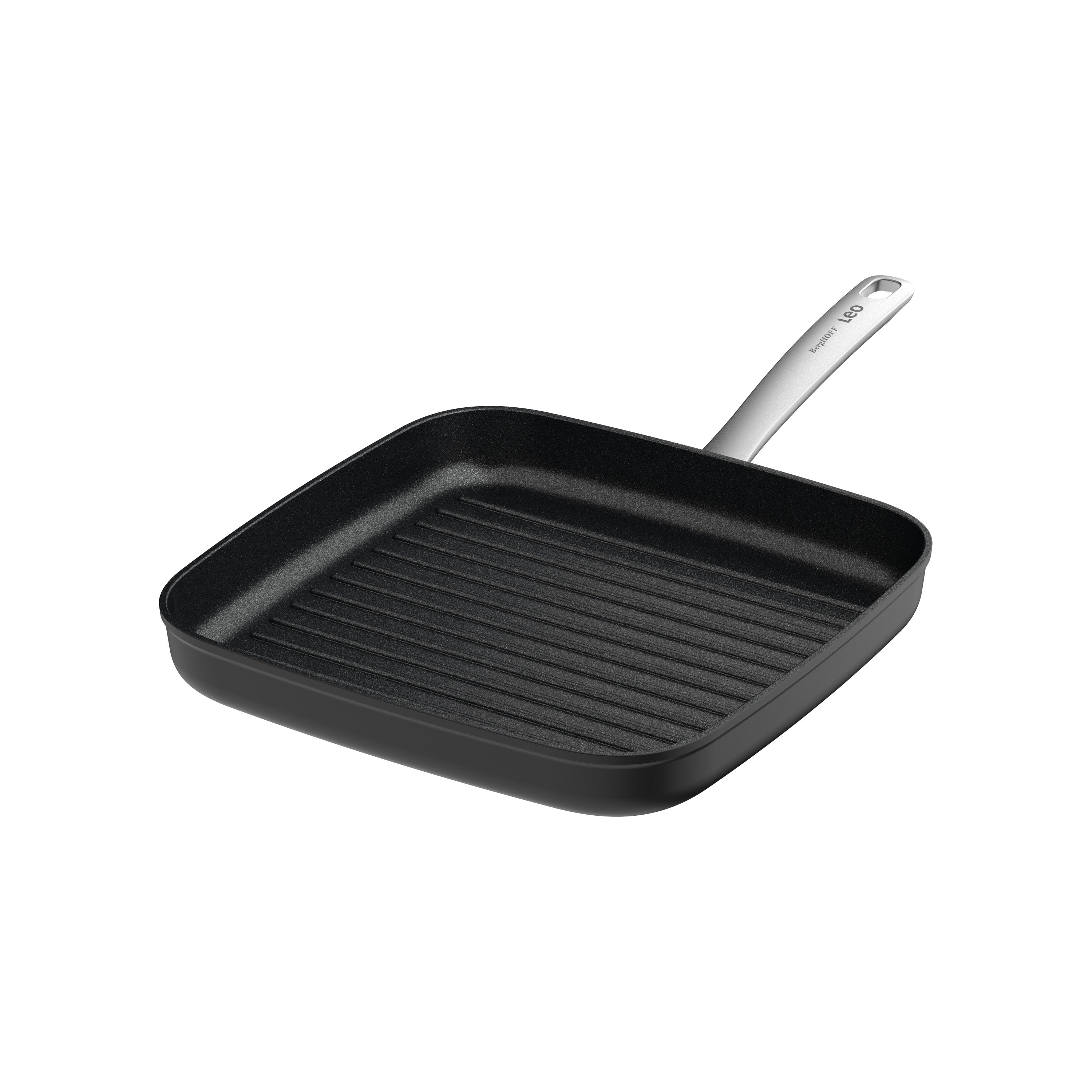 A black square grill pan with a silver handle. The pan has parallel ridges. The handle says 'Berghoff Leo'.