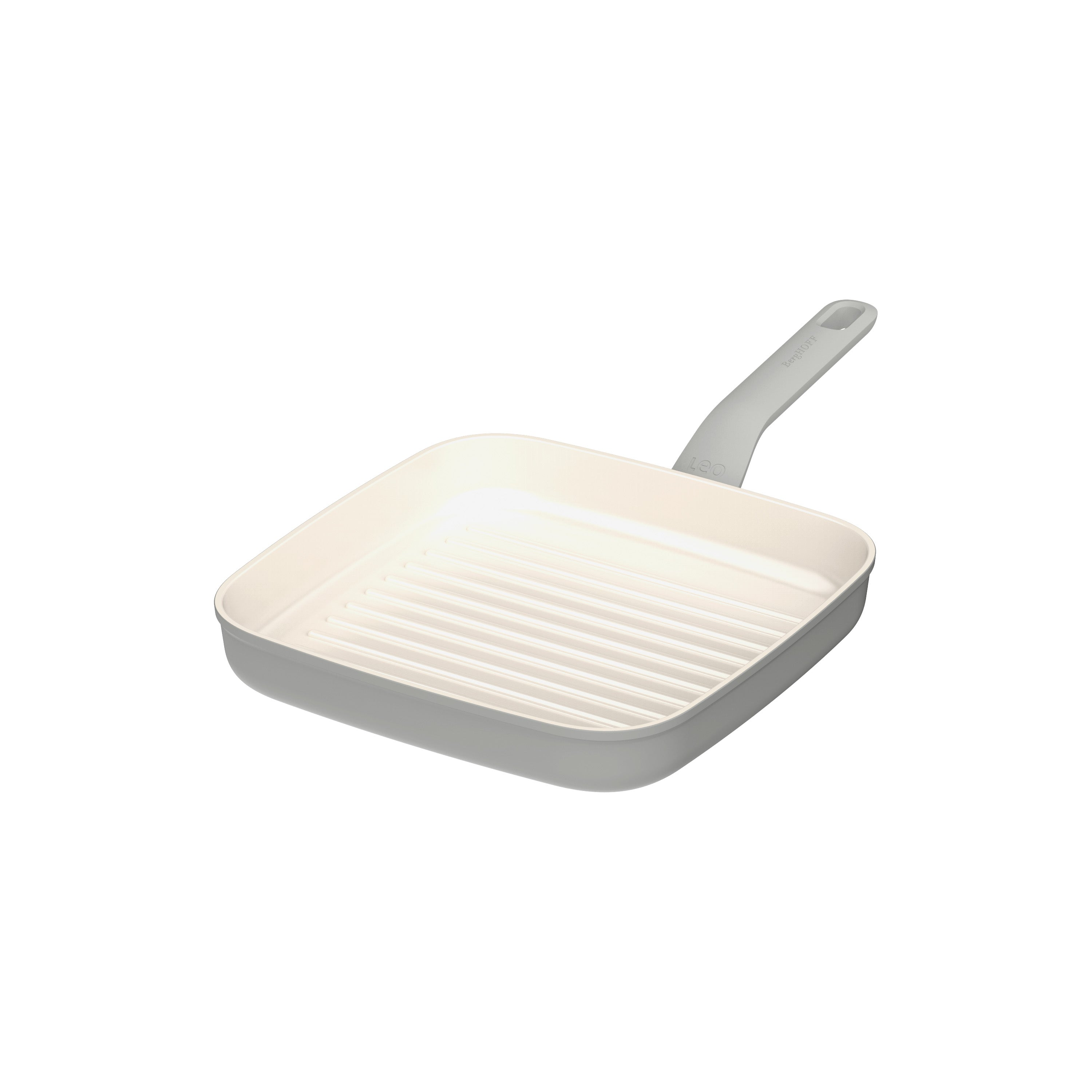 A square grill pan with a handle is isolated on a white background. The pan is light gray with a cream interior.