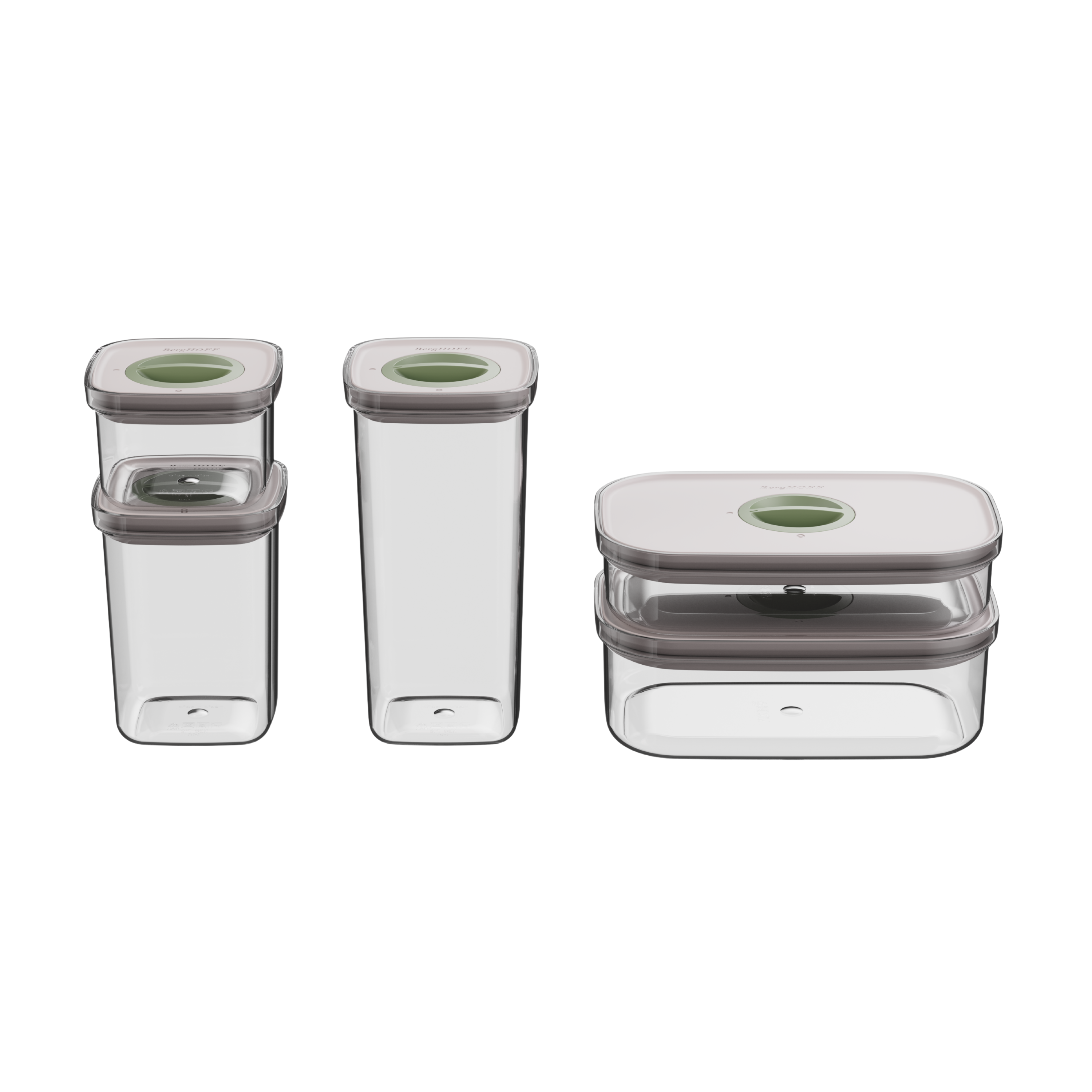 Several clear food storage containers with gray lids, arranged on a white background. Some are stacked, others stand alone.