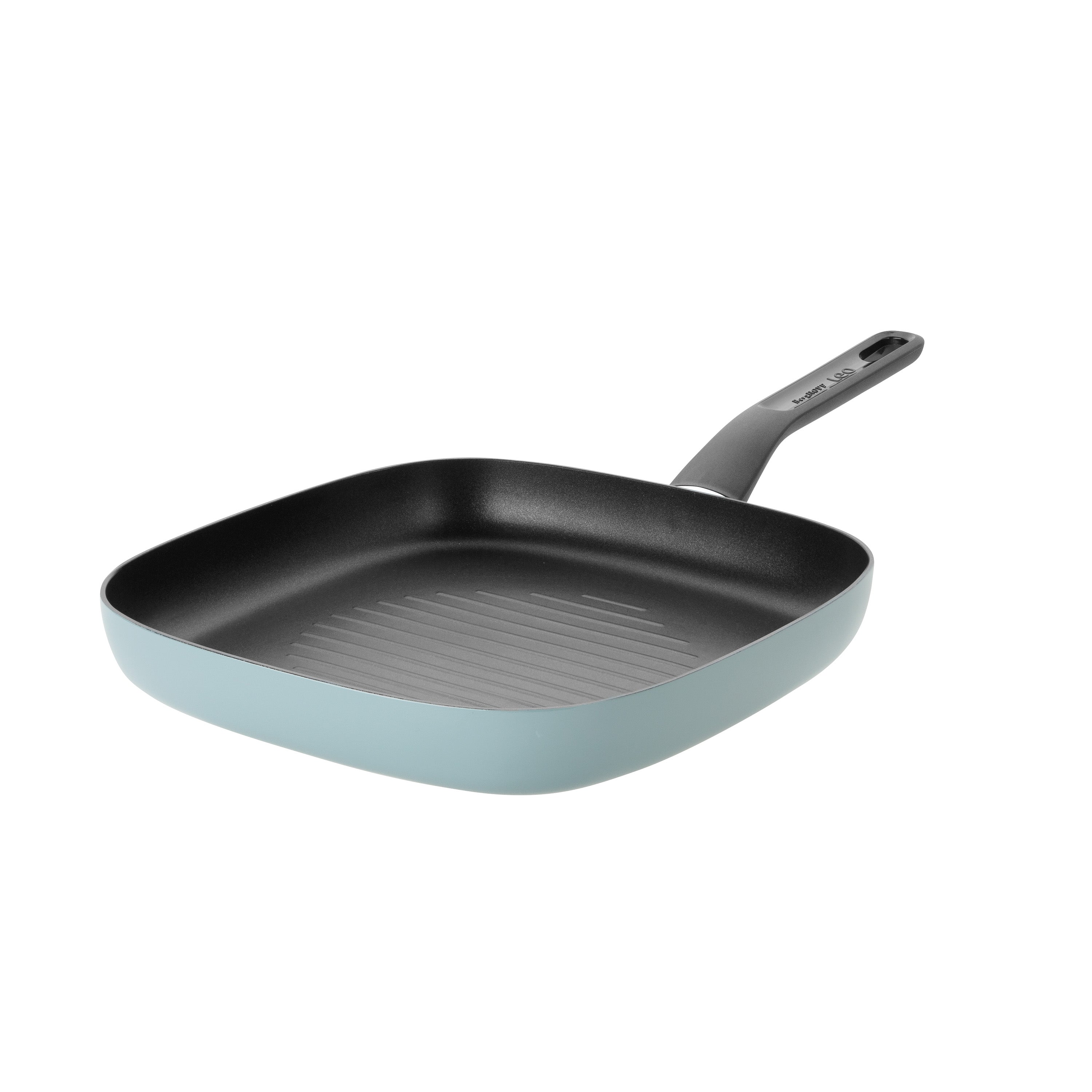 A square grill pan. It has a light blue exterior and a black interior. The handle is black.