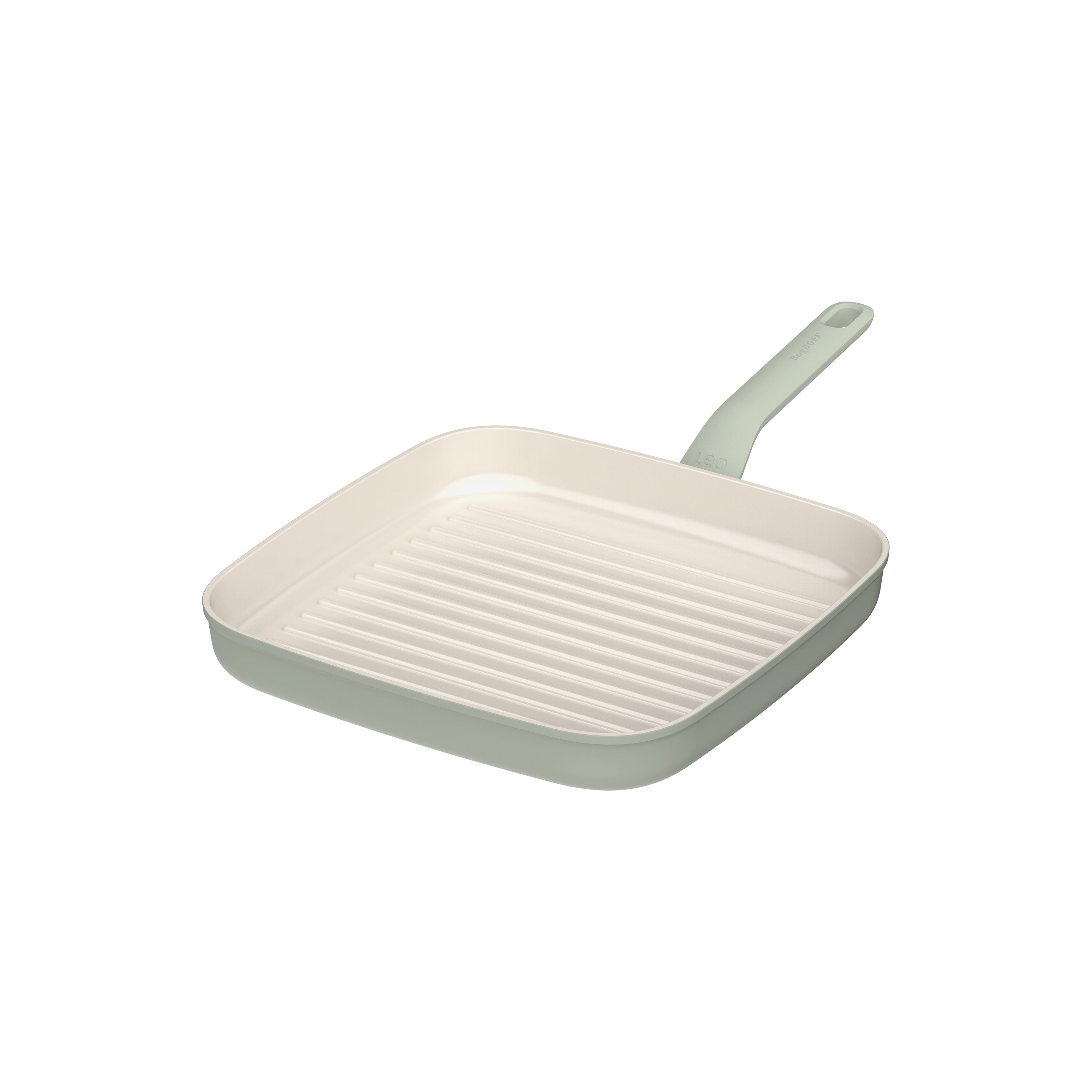 A square grill pan with a light green handle and a cream-colored cooking surface. The background is white.