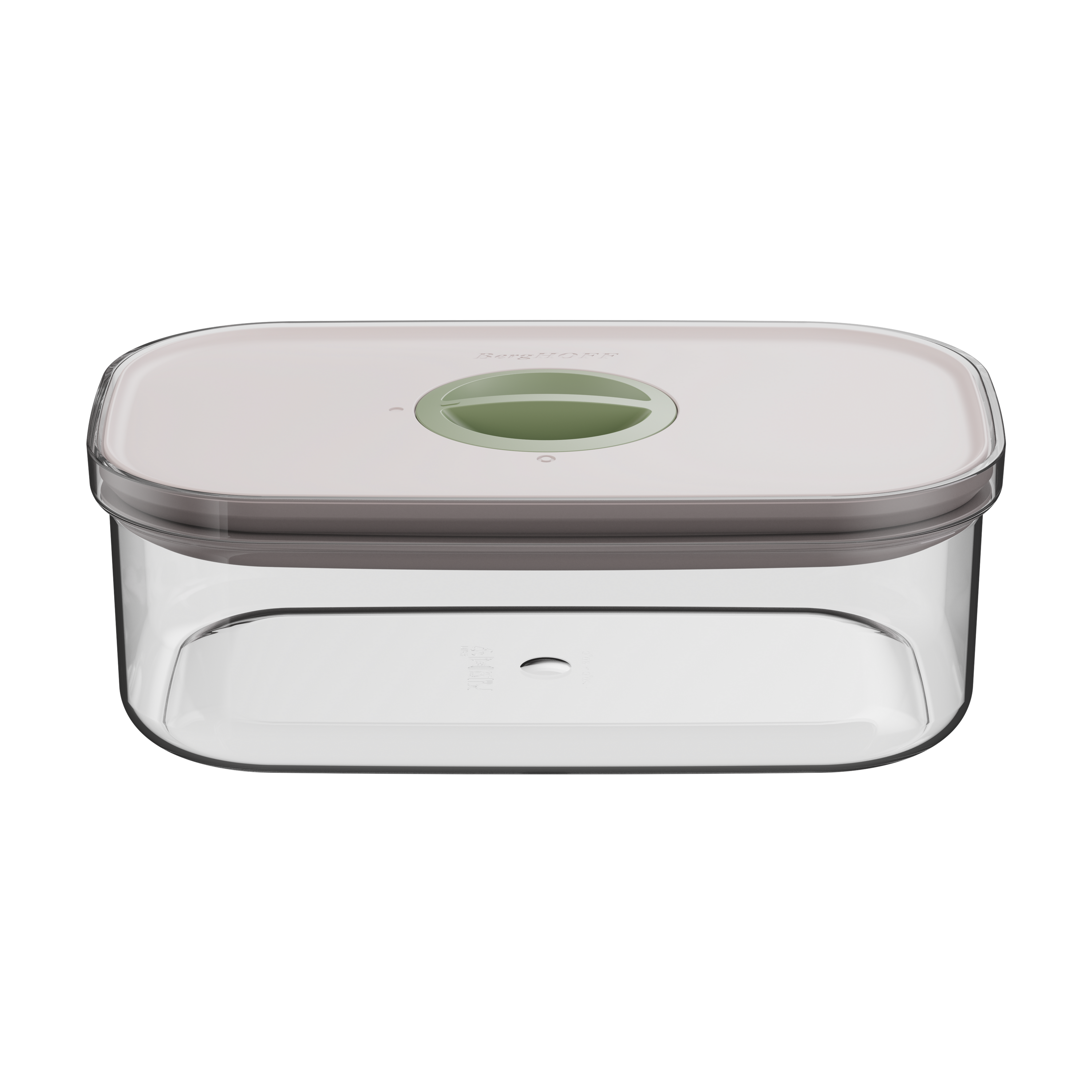A rectangular food storage container with a light green lid and a clear body is displayed against a black background.