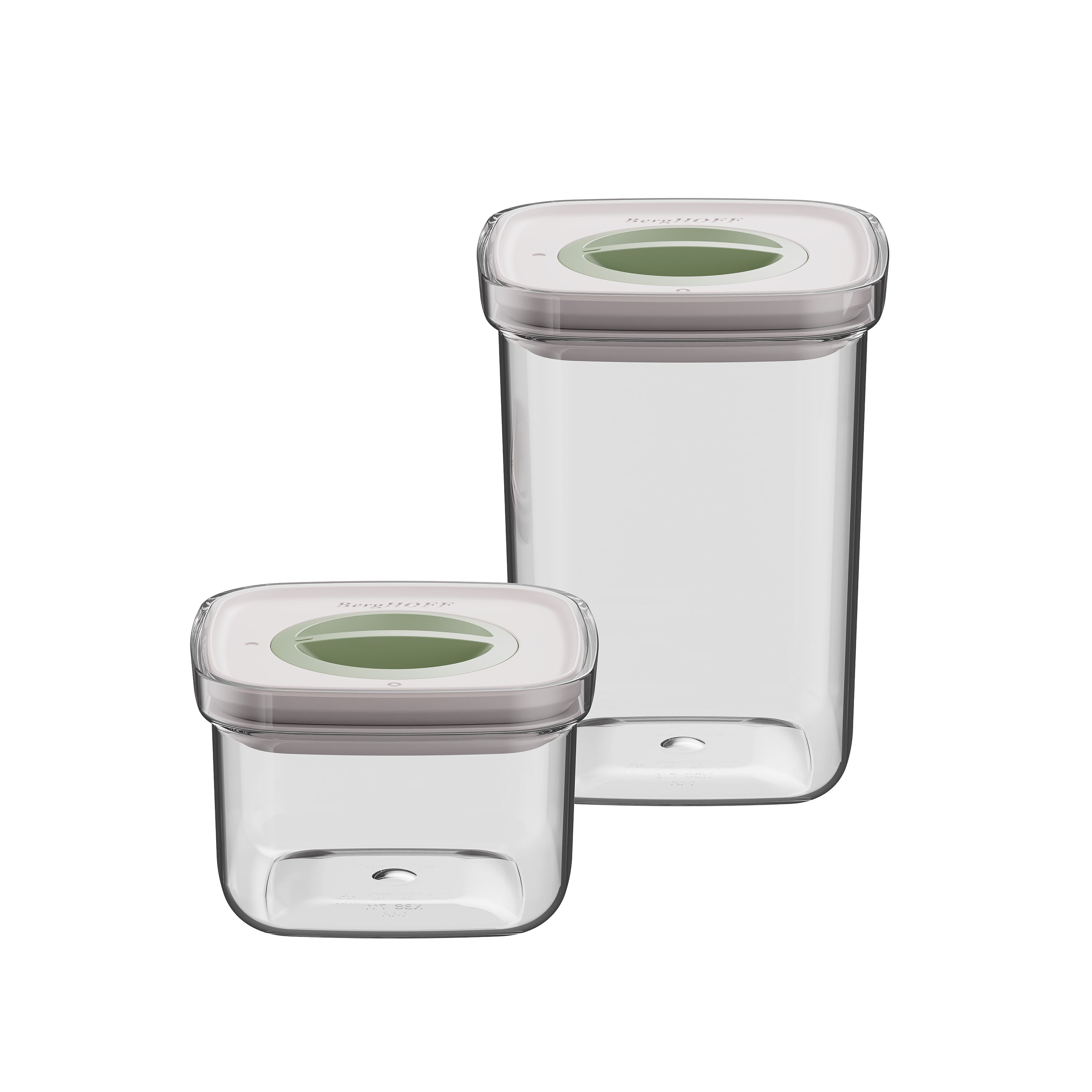 Two clear glass food storage containers with white lids and green accents, on a white background.