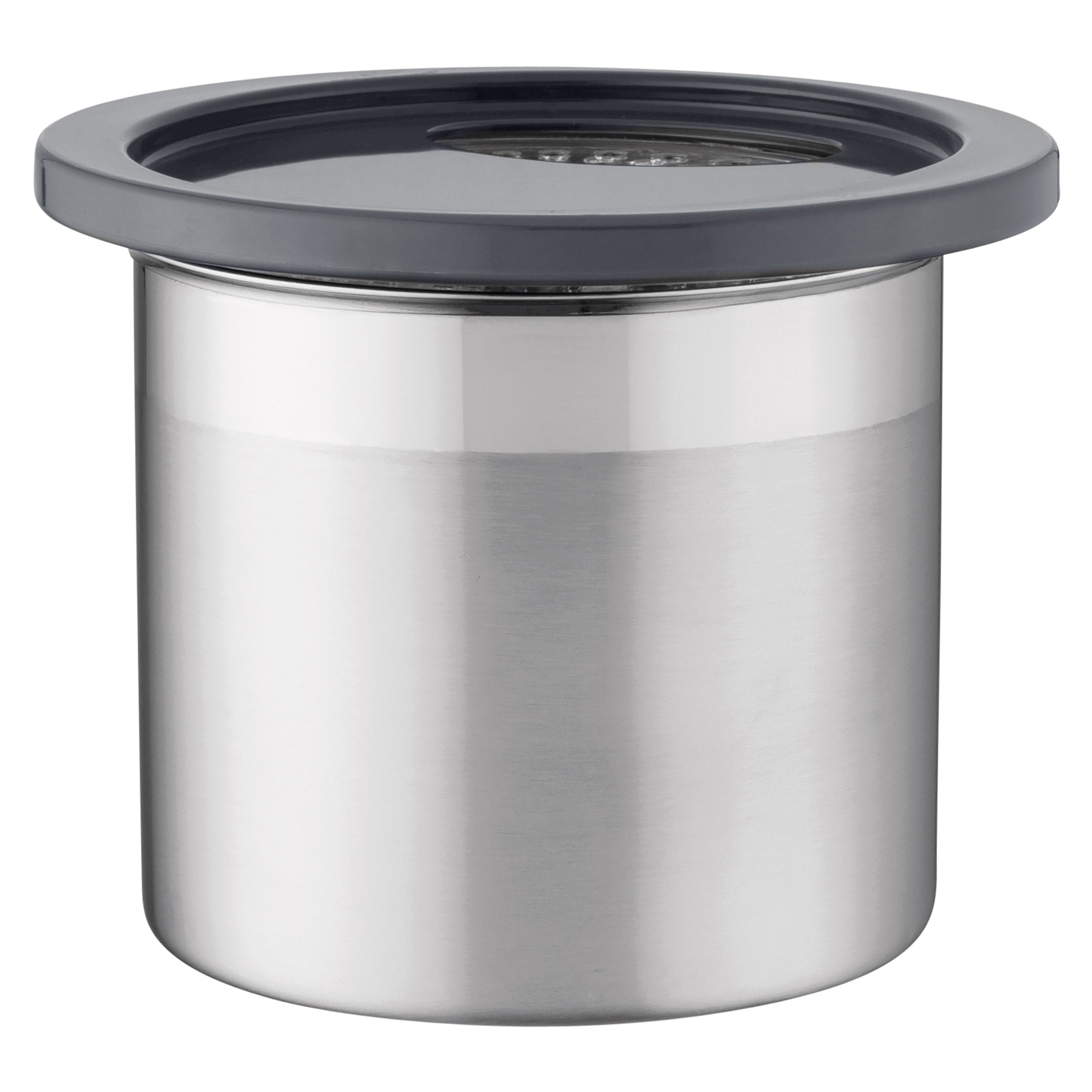 A cylindrical metal container with a grey rim and lid. The container is on a white background.