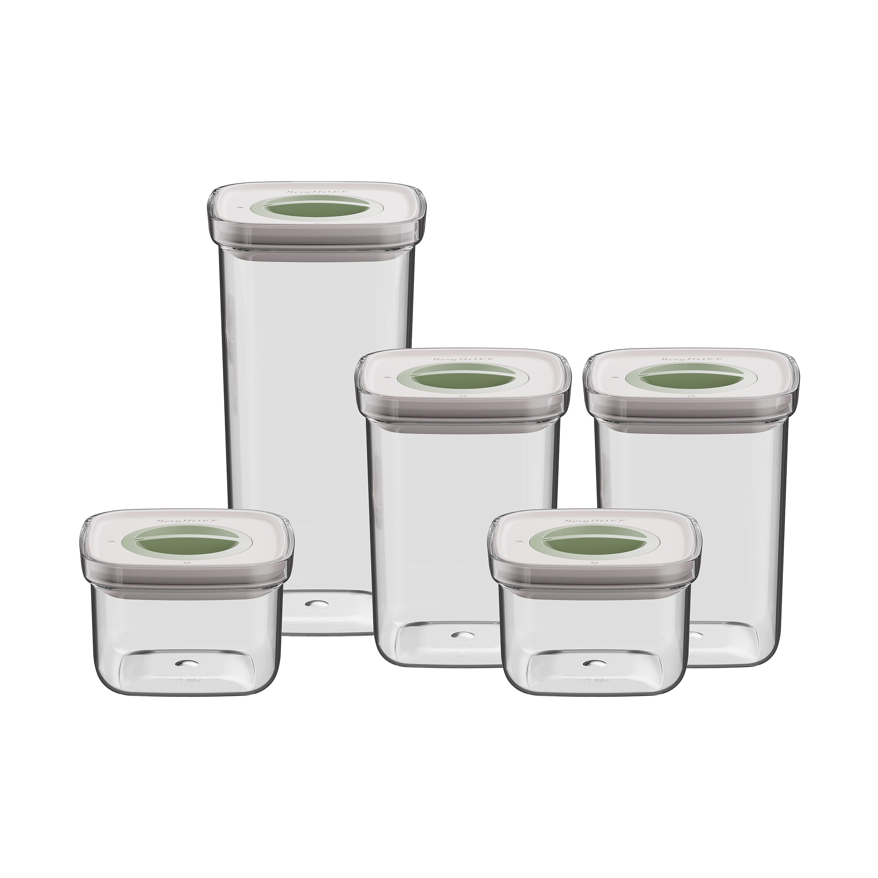Five clear, square-shaped food storage containers of varying heights. Each has a white lid with a green center.